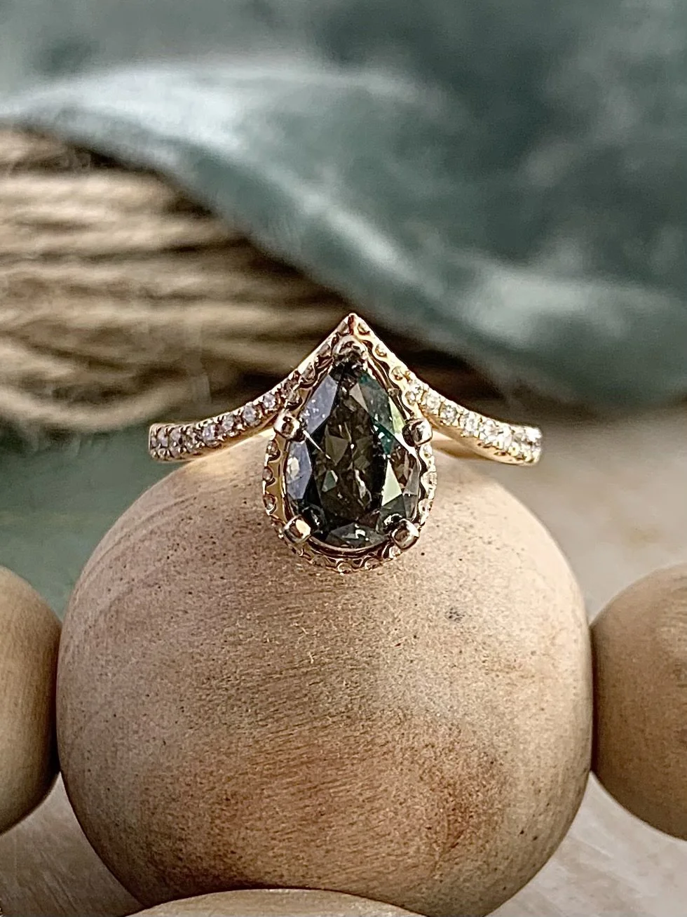 Claudia Mossy Green Pear Cut Diamond 14k Yellow Gold Engagement Ring