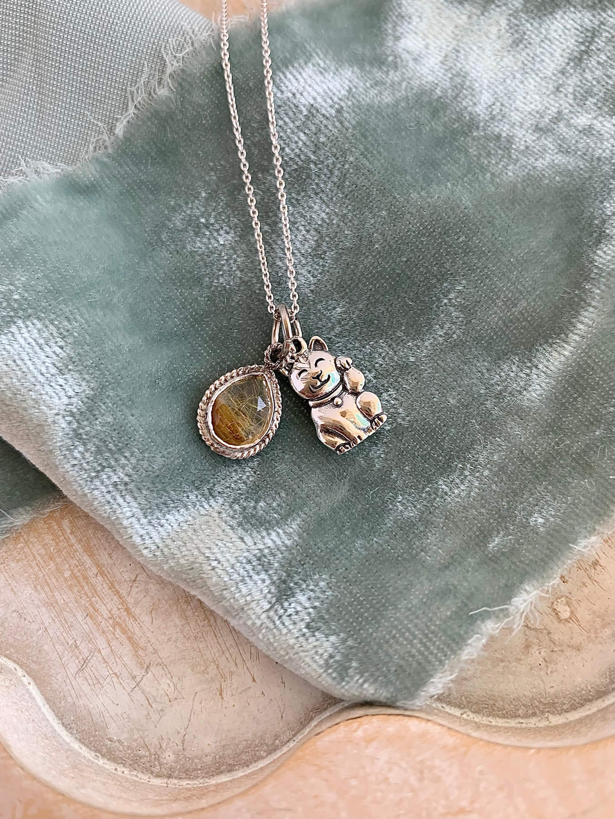 Lucky Cat Rutile Quartz Silver Necklace