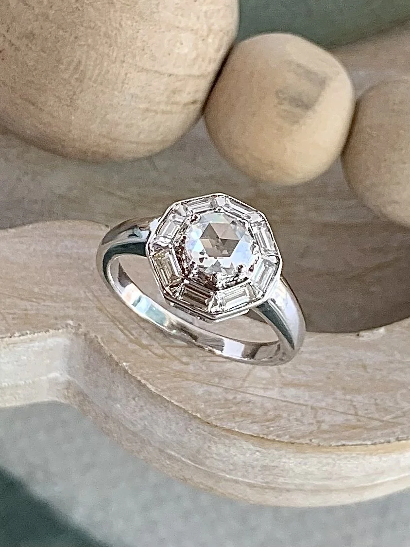 Rosalie 18k White Rose Cut Diamond Hex Shaped Engagement Ring