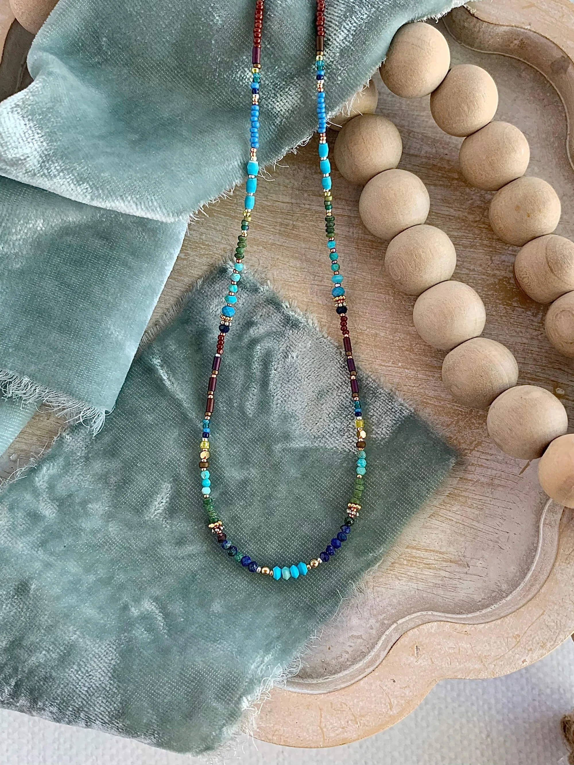 Turquoise, Jade, Lapis Silver Beaded Necklace