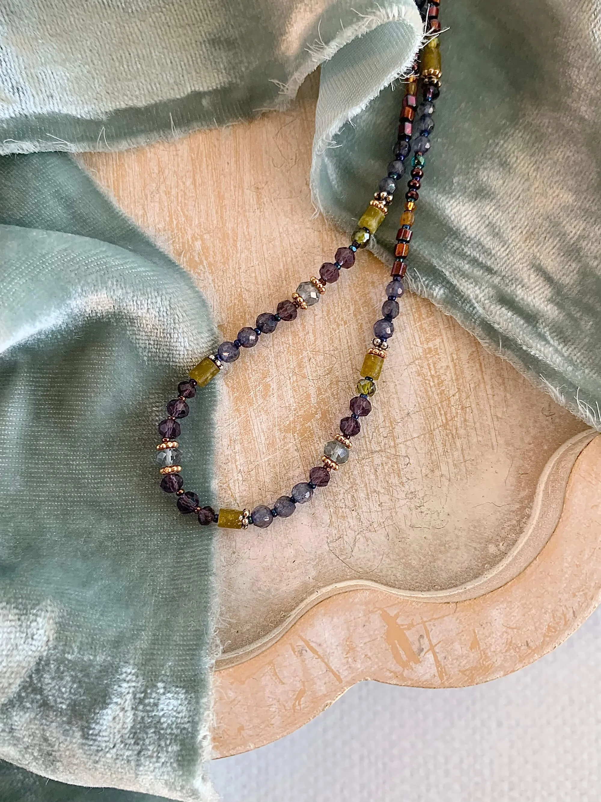 Amethyst, Iolite, Seraphinite, Bronze Silver Necklace