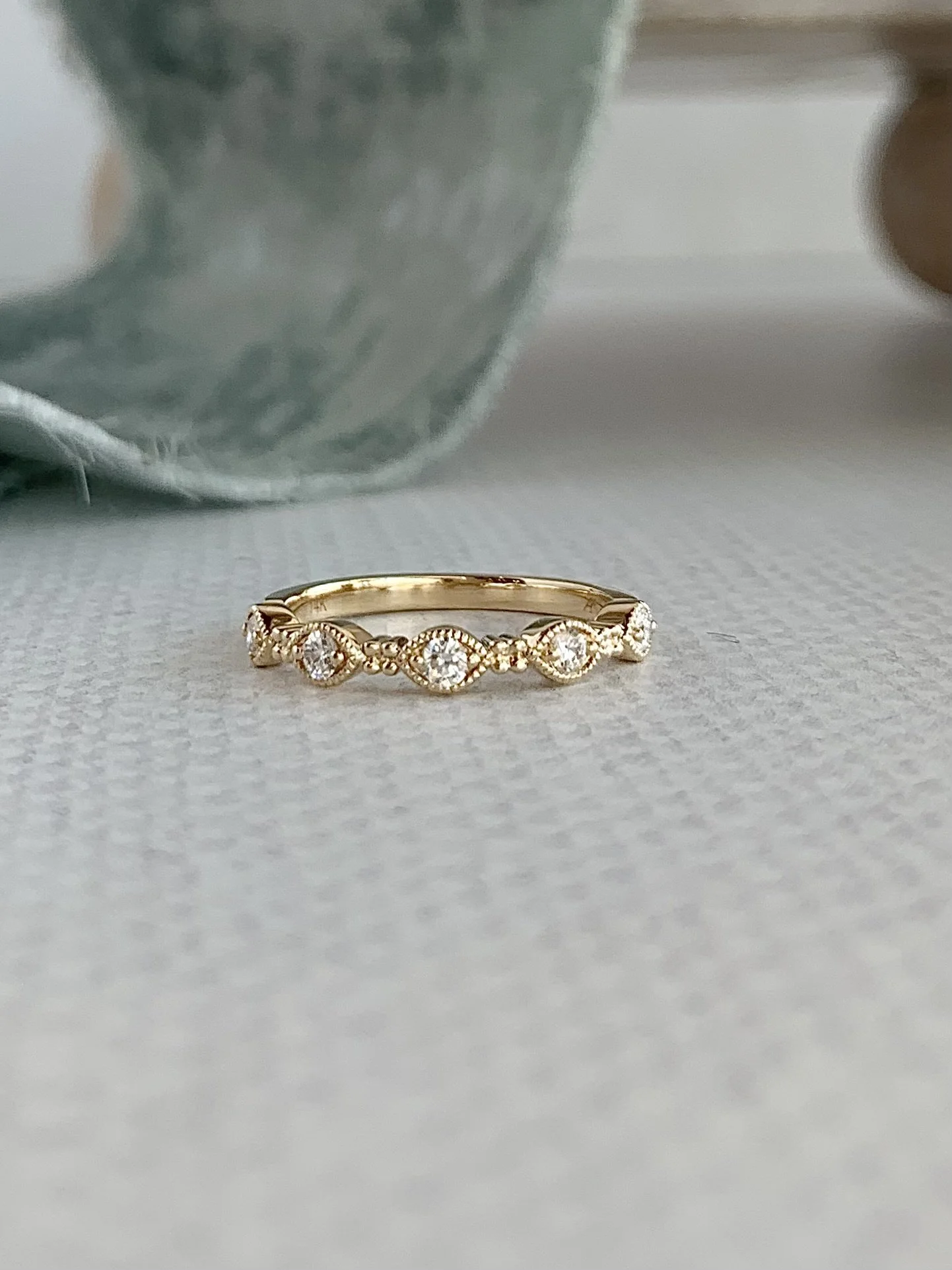 Vintage Inspired Diamond Milgrain 14k Yellow Gold Band