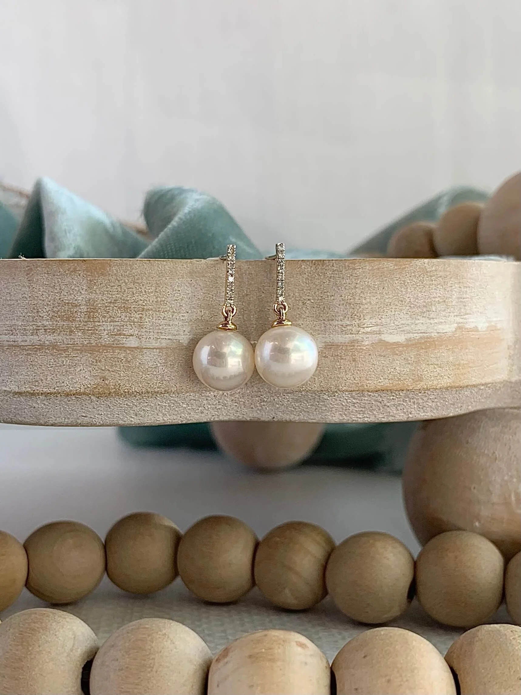 Diamond Bar with Pearl Drop 14k Yellow Gold Earrings