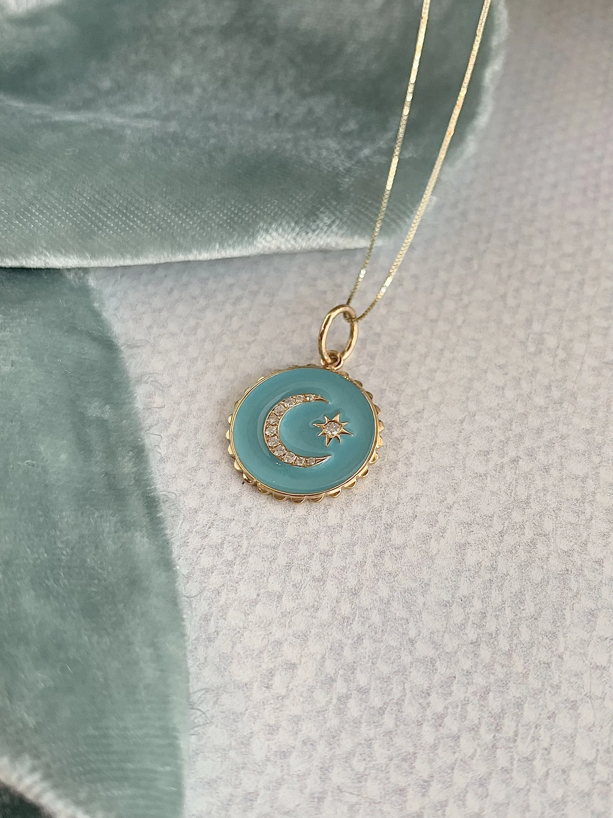 Crescent Moon Enamel & Diamond 14k Yellow Gold Necklace