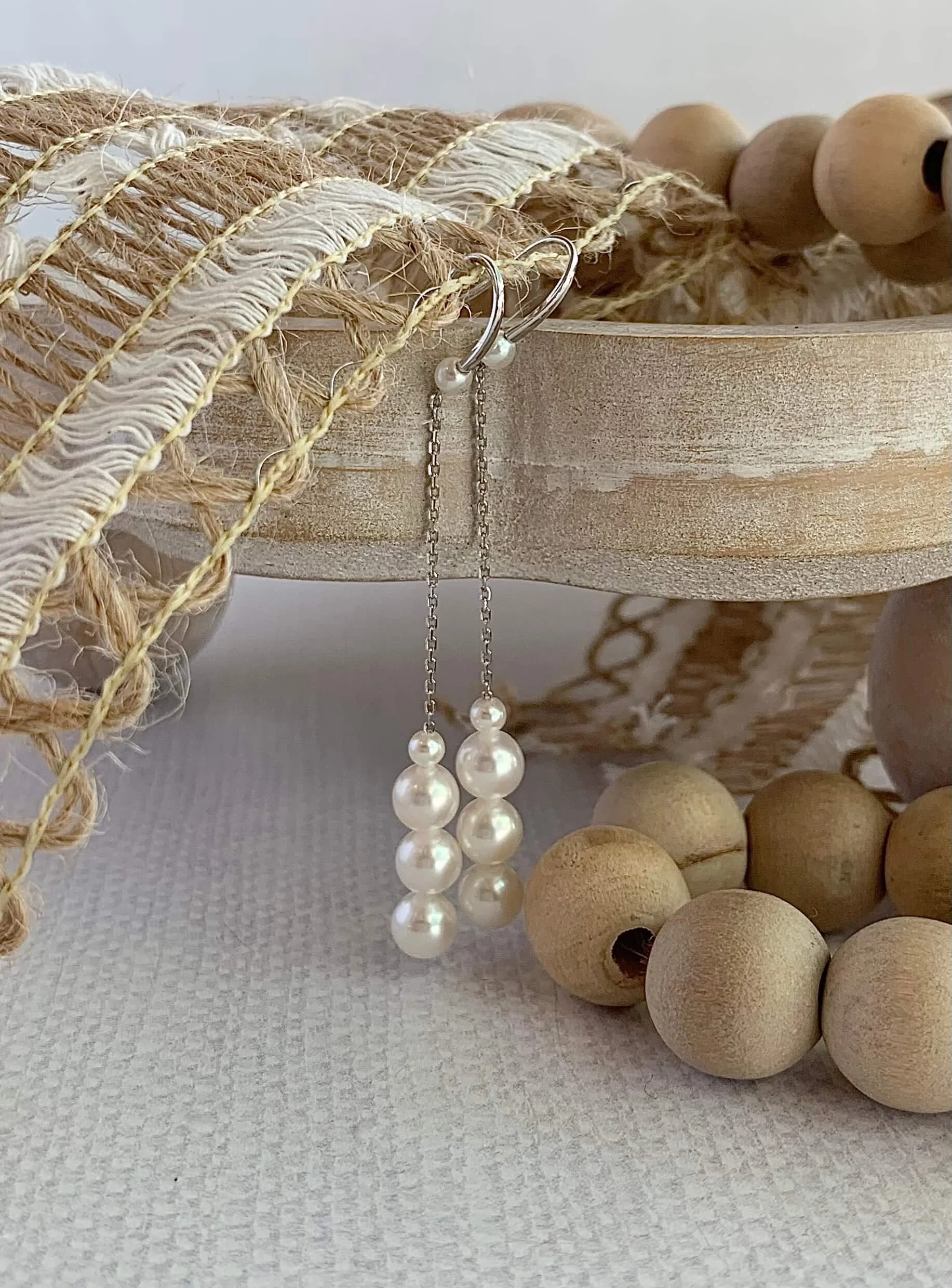 Swaying Pearl & Diamond 14k White Gold Long Earrings