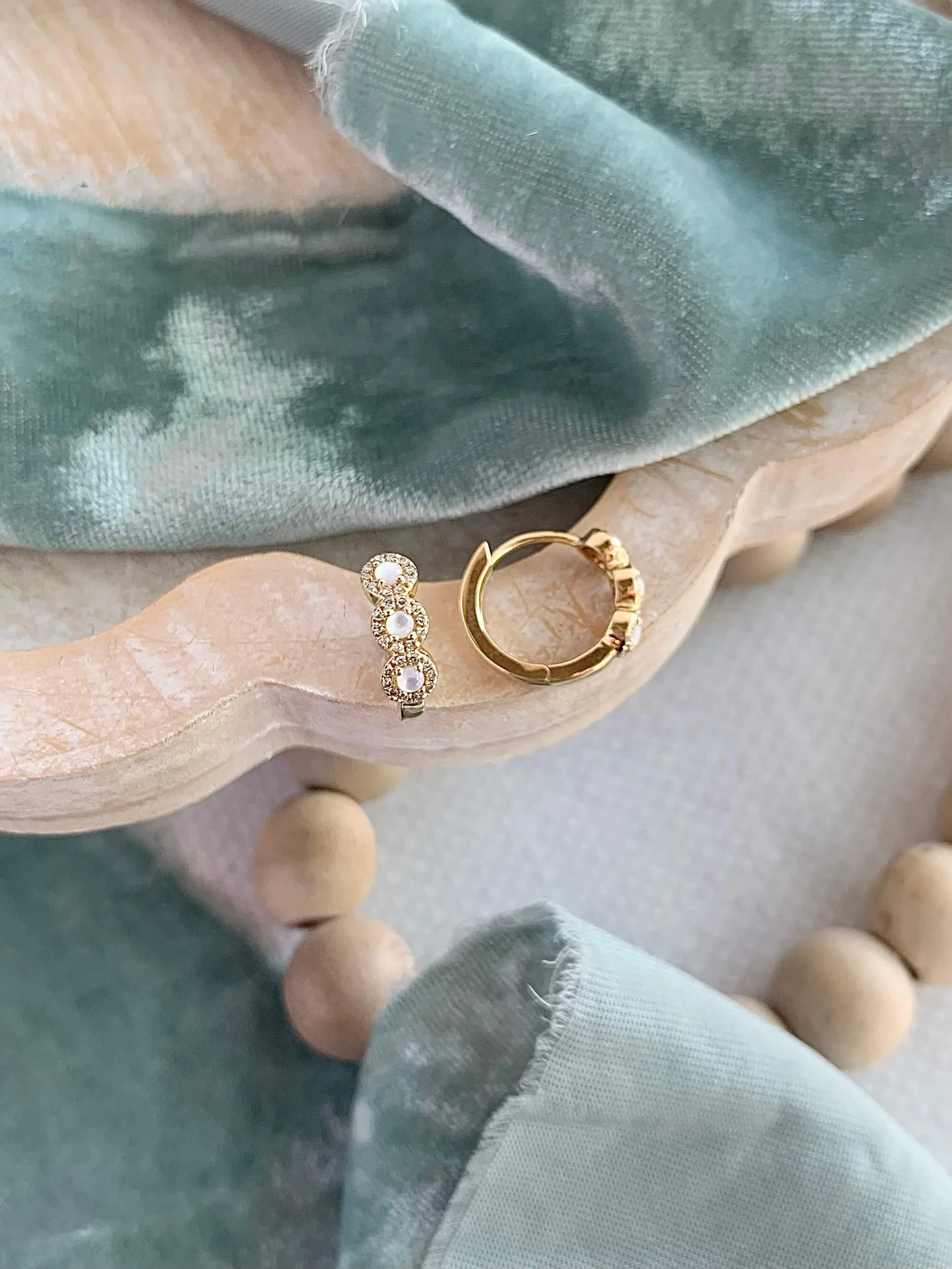 Moonstone Diamond Halo 14k Yellow Gold Huggie Earrings