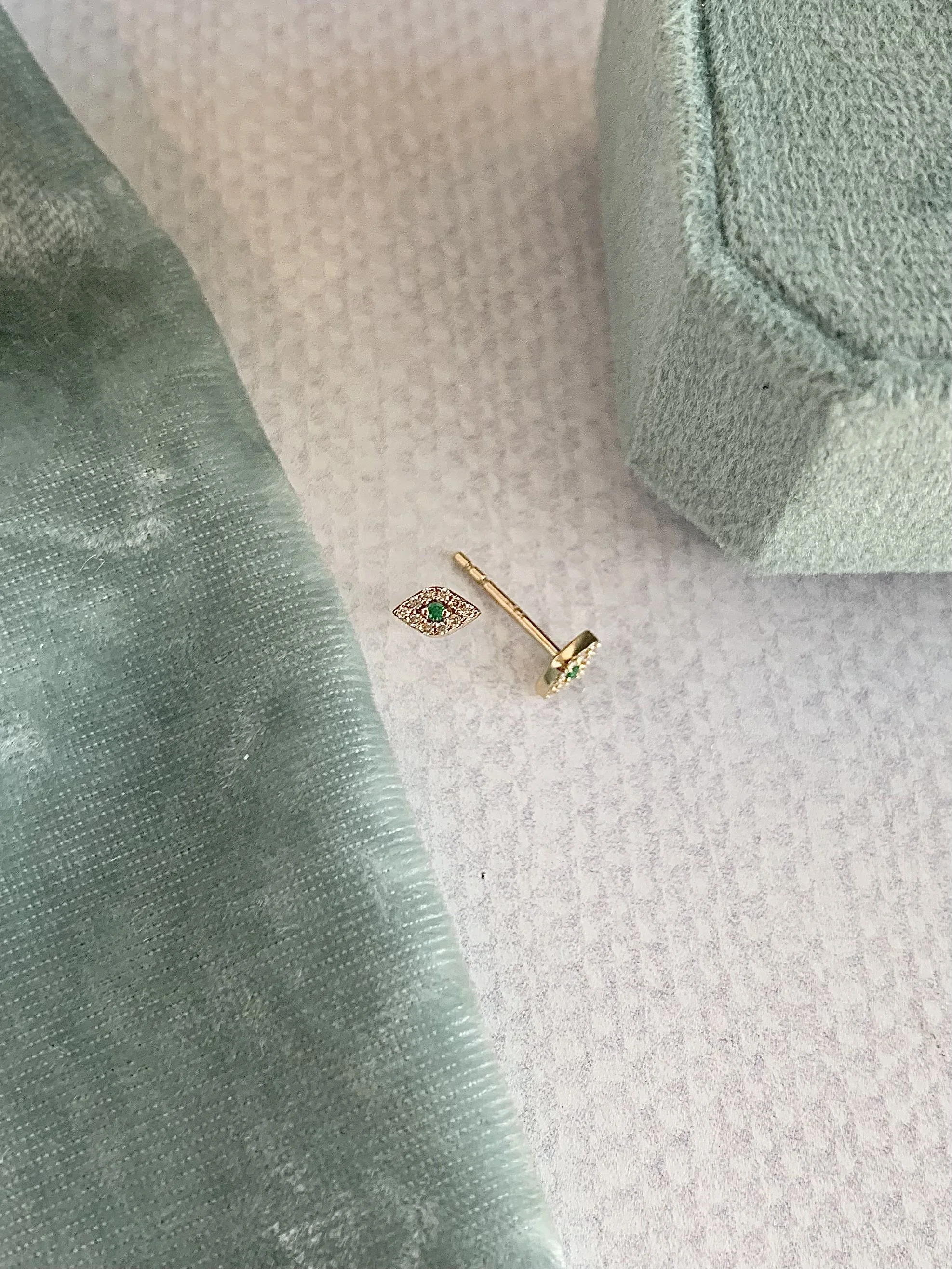 Dainty Evil Eye Diamond Emerald 14k Yellow Stud Earrings
