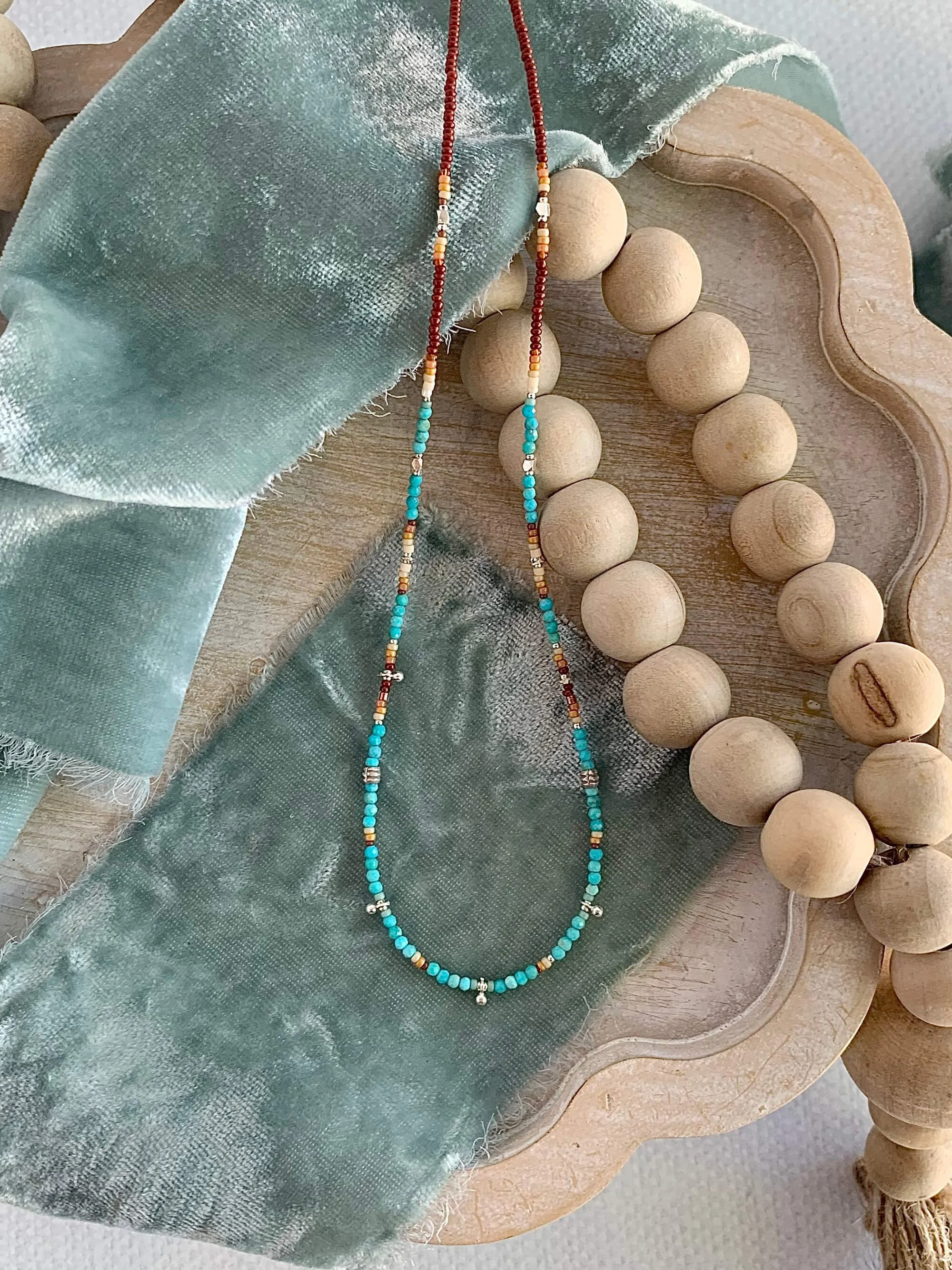 Sleeping Beauty Turquoise Glass Seed Bead Silver Necklace