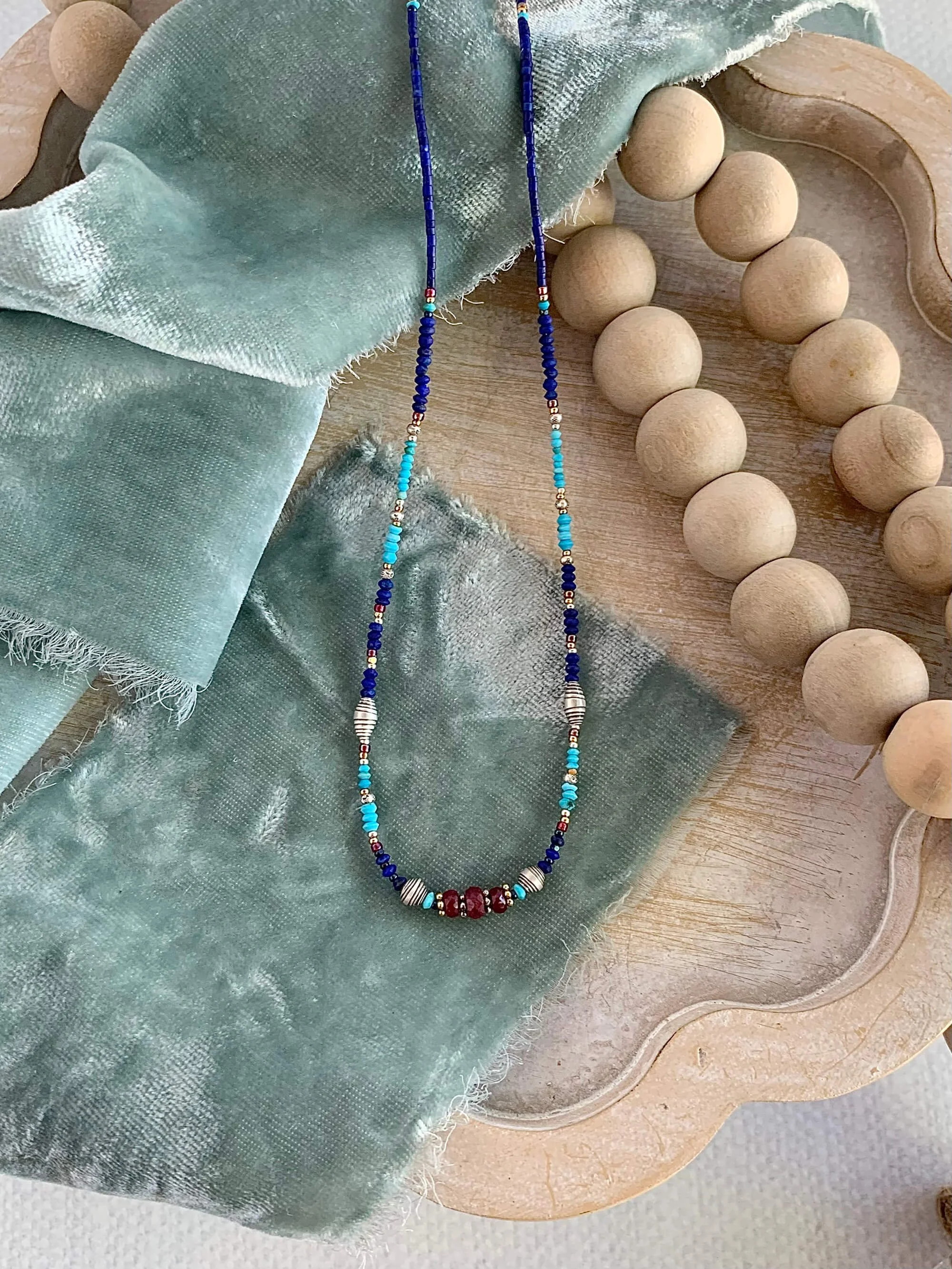 Ruby, Lapis, Turquoise Beaded Silver Necklace