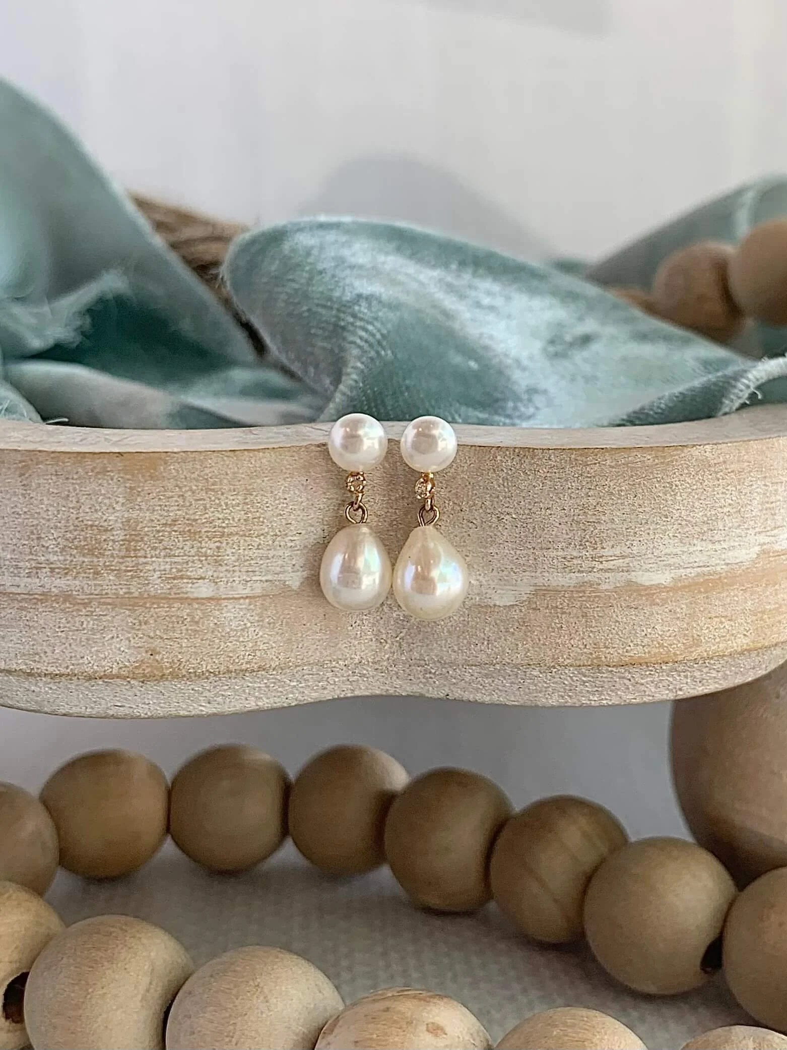 Sweet Double Pearl Diamond 14k Yellow Gold Stud Earrings