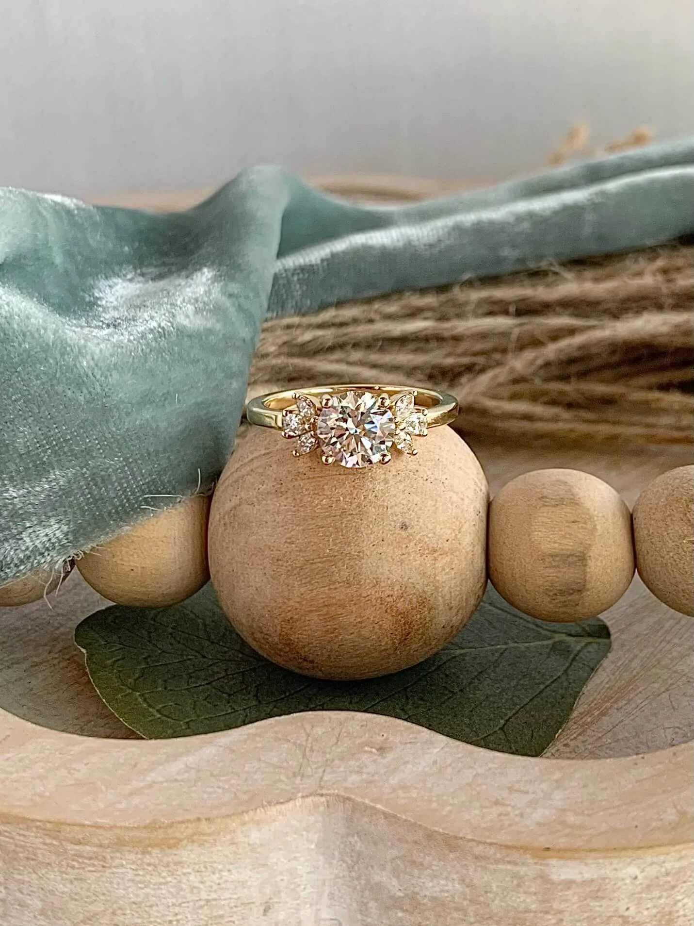 Marquise Diamond Leaf Accents 14k Yellow Gold Engagement Ring