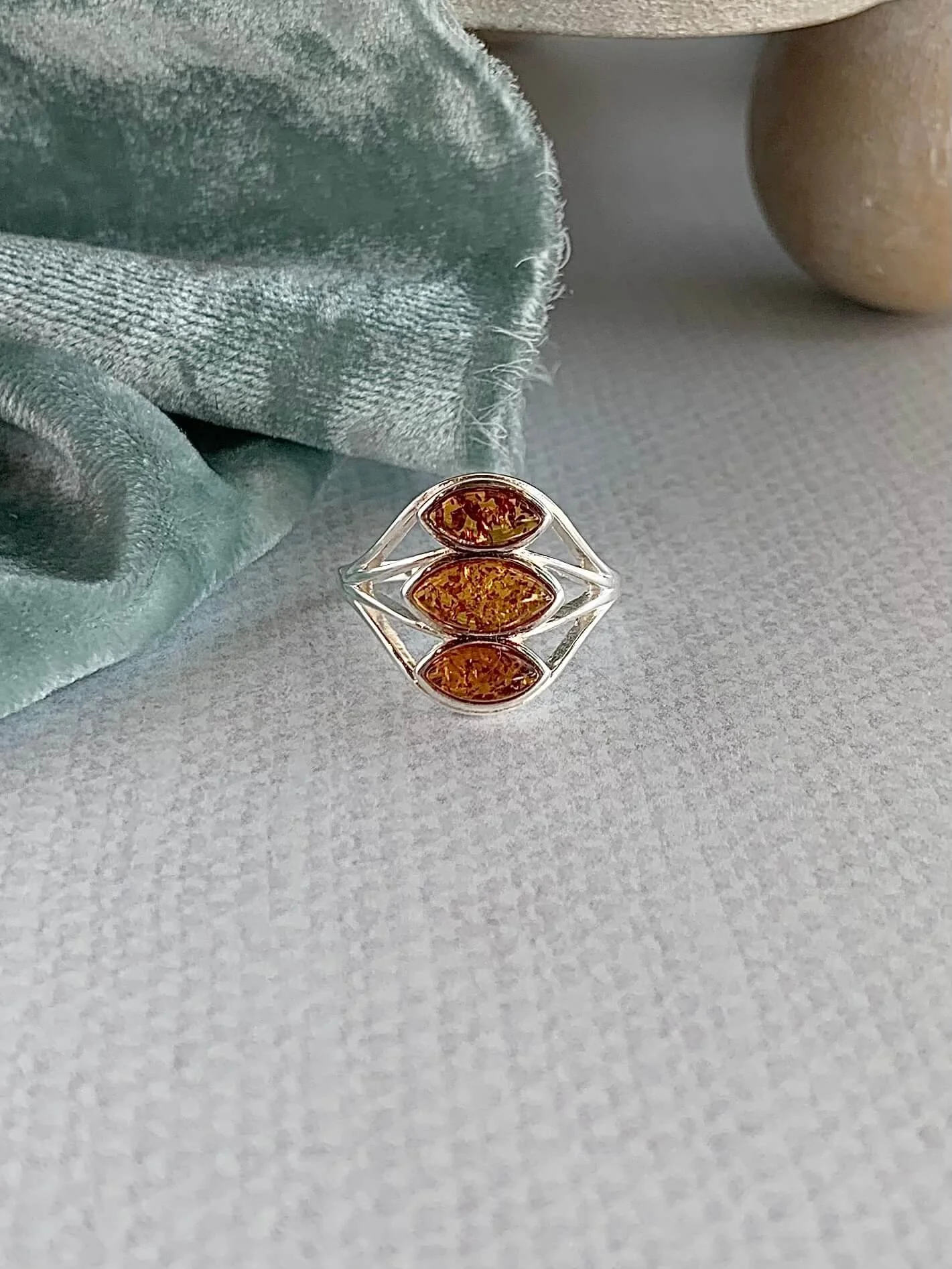 Protective Amber Trio Silver Ring