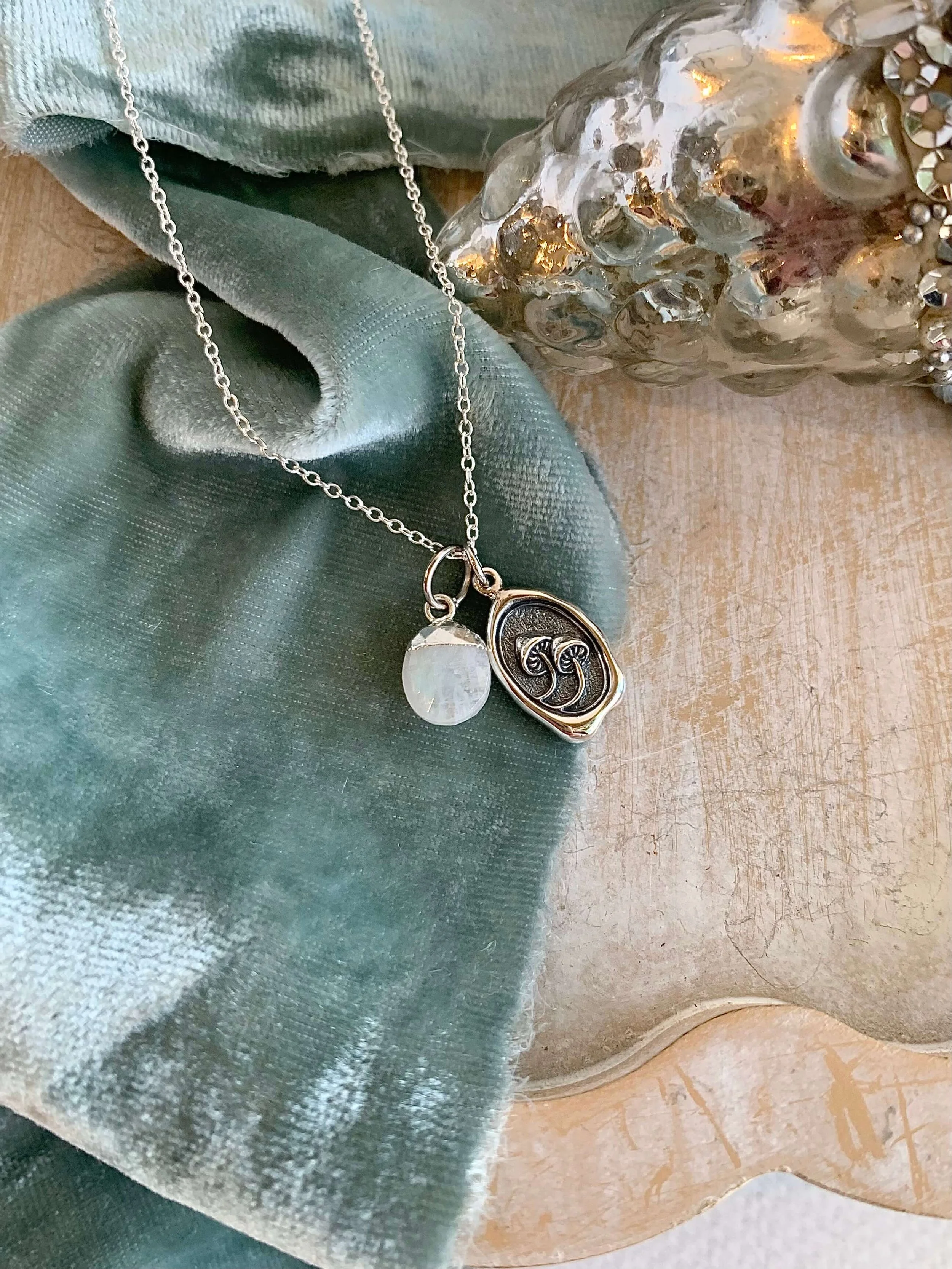 2 Happy Mushrooms Moonstone Silver Necklace