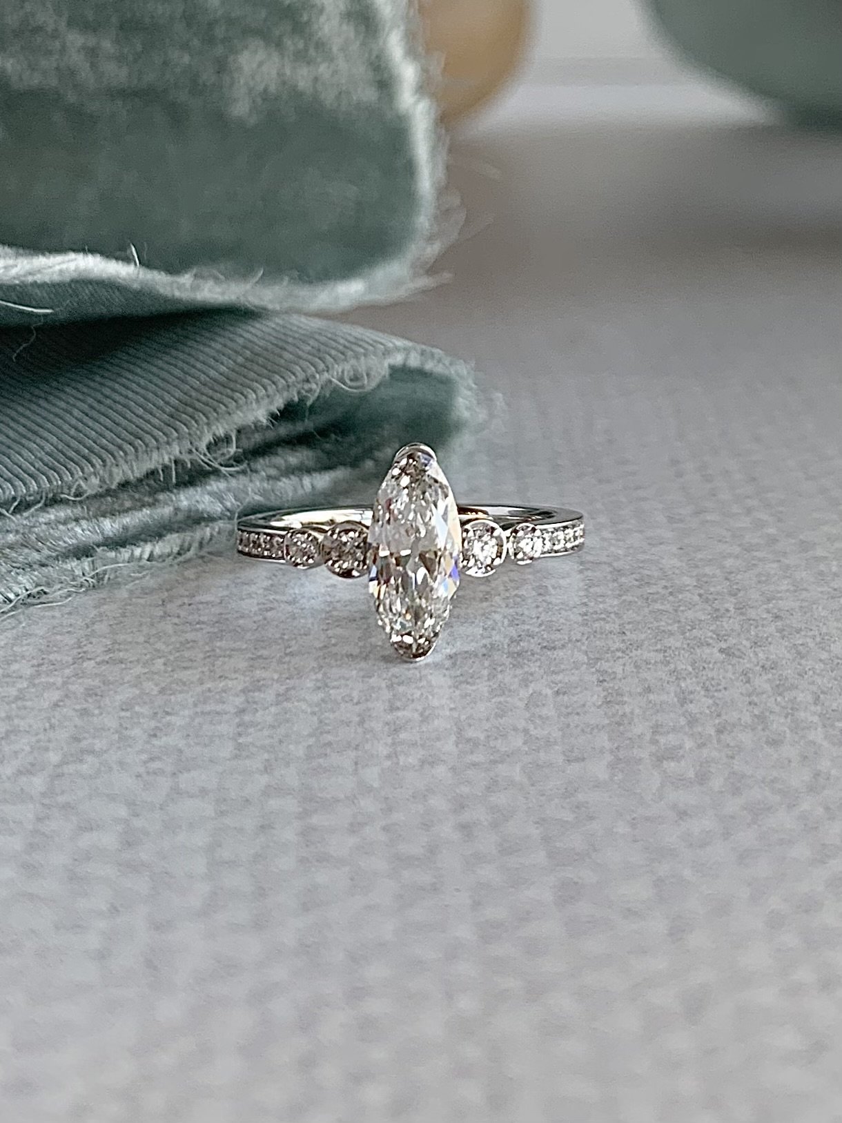 Zahra Moval Cut Lab Diamond Center with Lab Diamond Accents 18k White Gold Engagement Ring