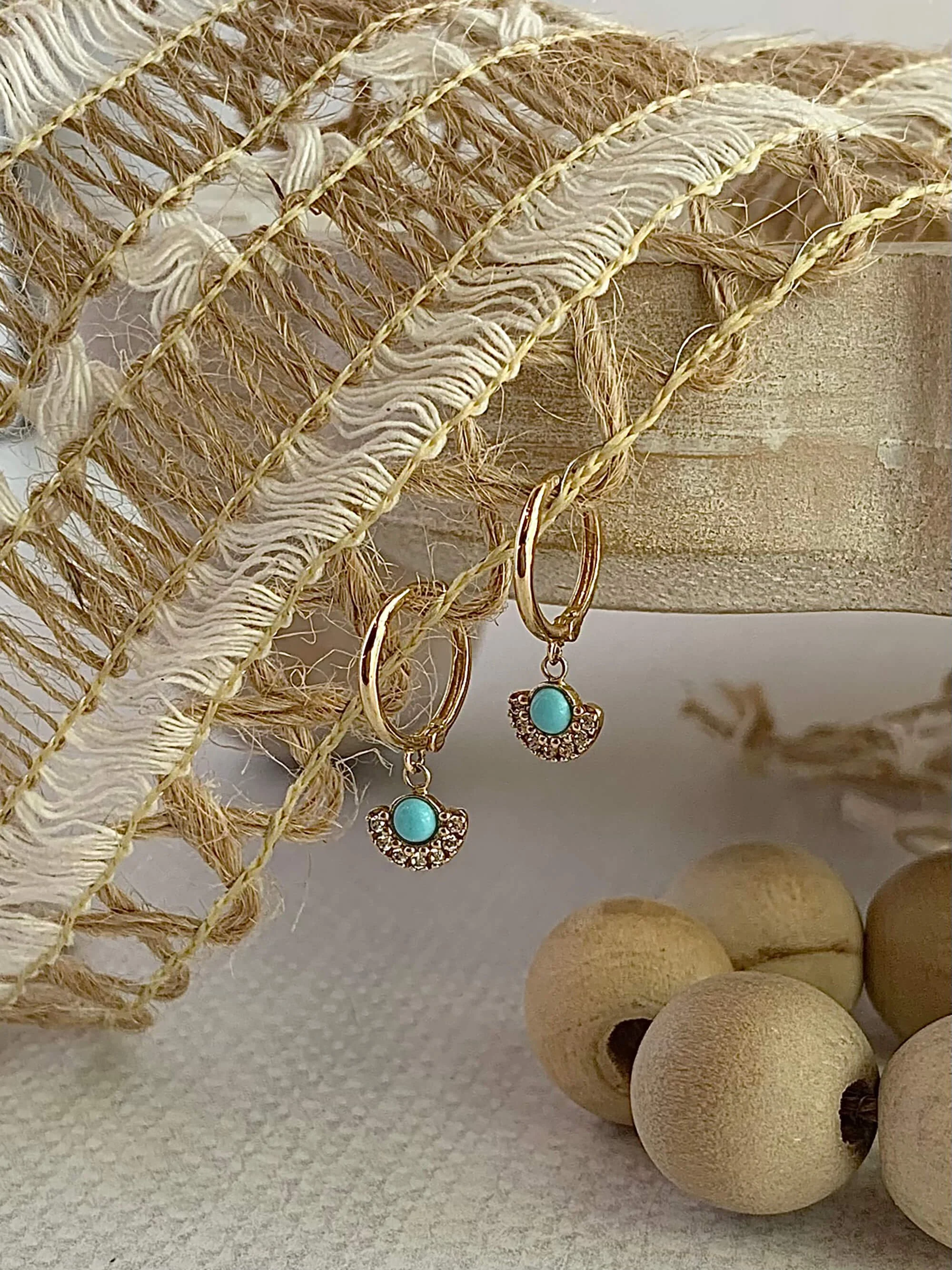 Art Deco Turquoise 14k Yellow Gold Huggie Earrings