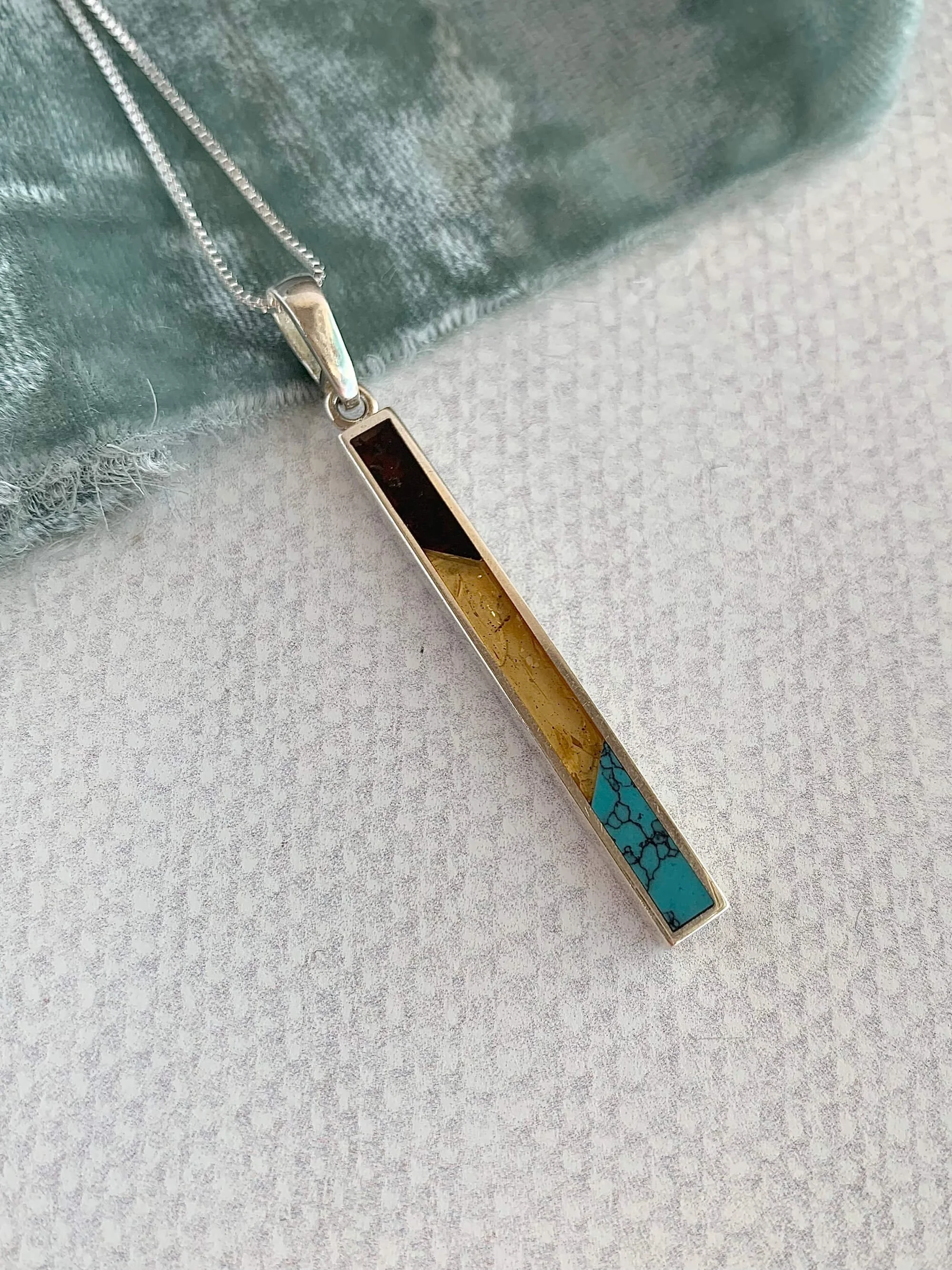 Sleek Inlay Amber Turquoise Silver Necklace