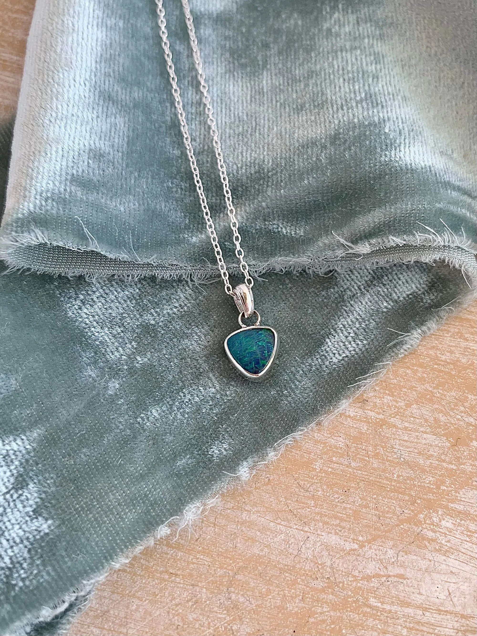Dainty Blue Green Opal Silver Necklace