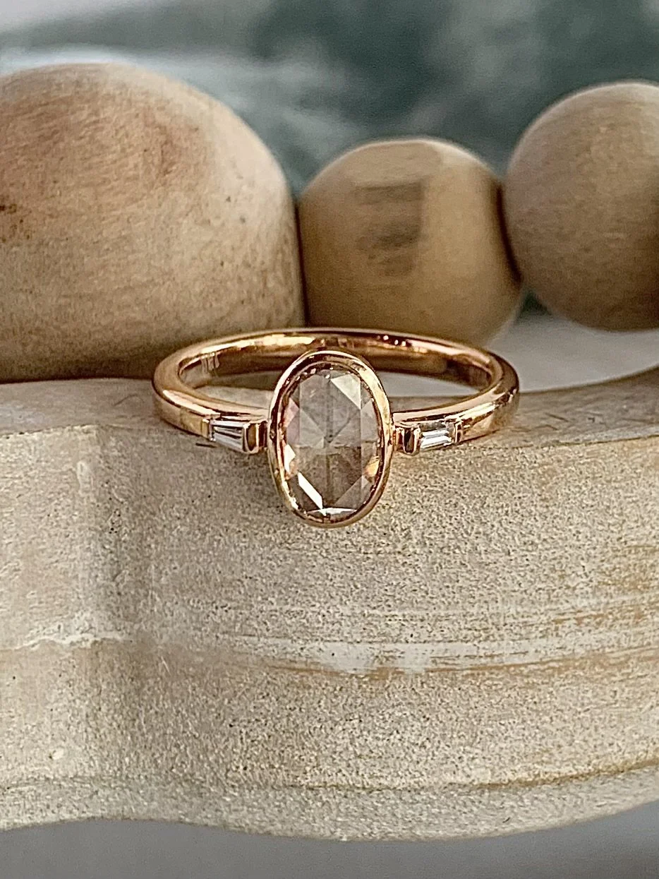 Holland Oval Rose Cut Diamond with Tapered Baguette Sides 18k Rose Gold Engagement Ring