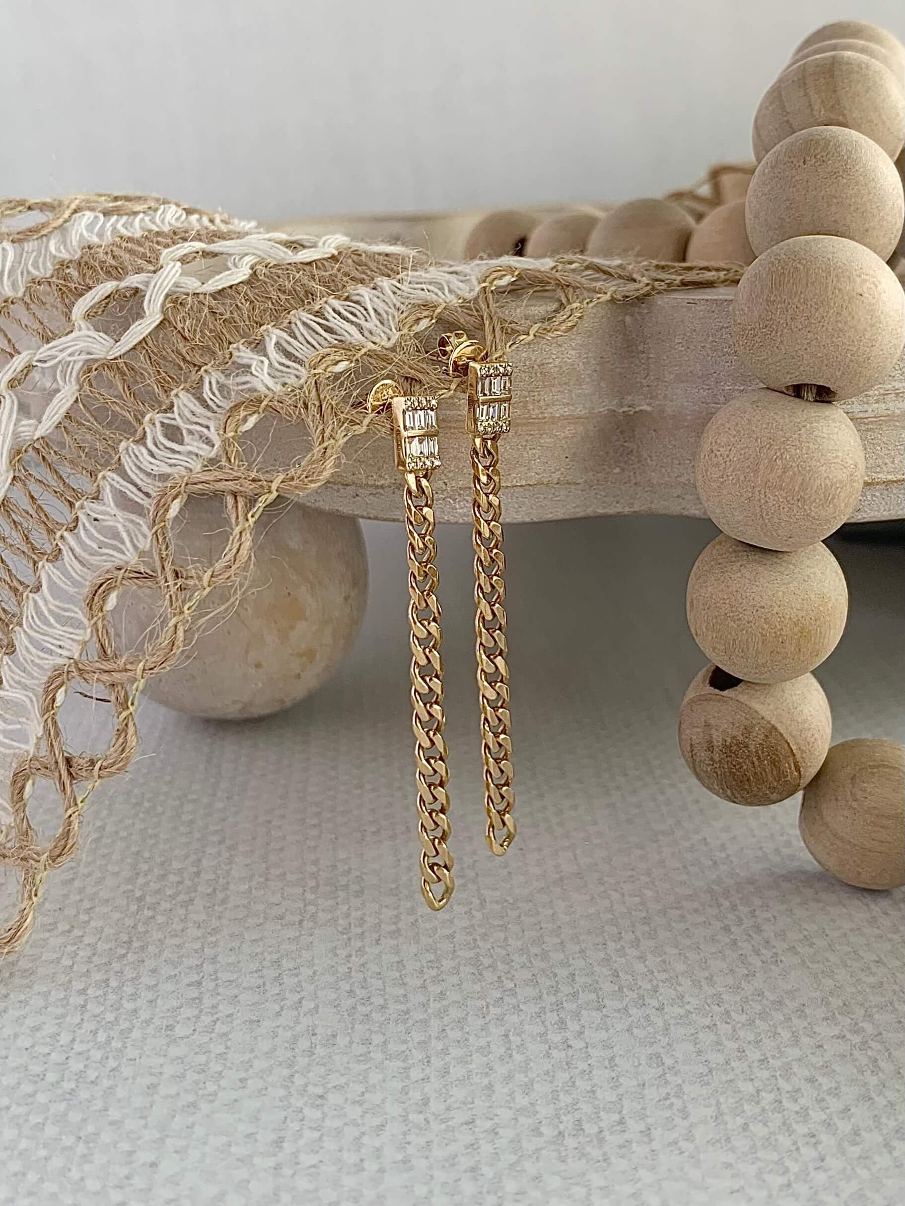 Baguette Diamond Cuban Chain 14k Yellow Gold Post Earrings