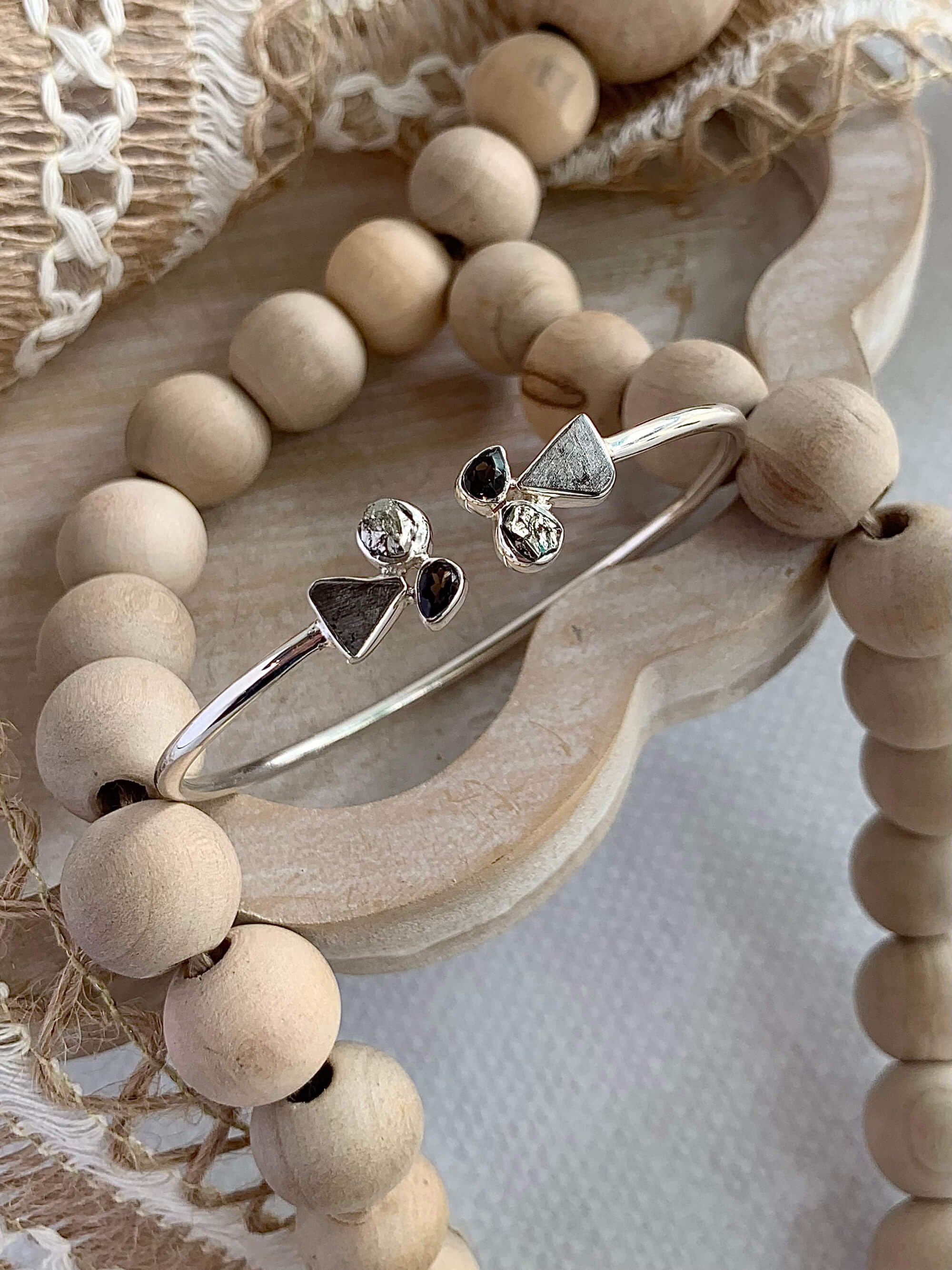 Meteorite & Quartz Twist Silver Bracelet