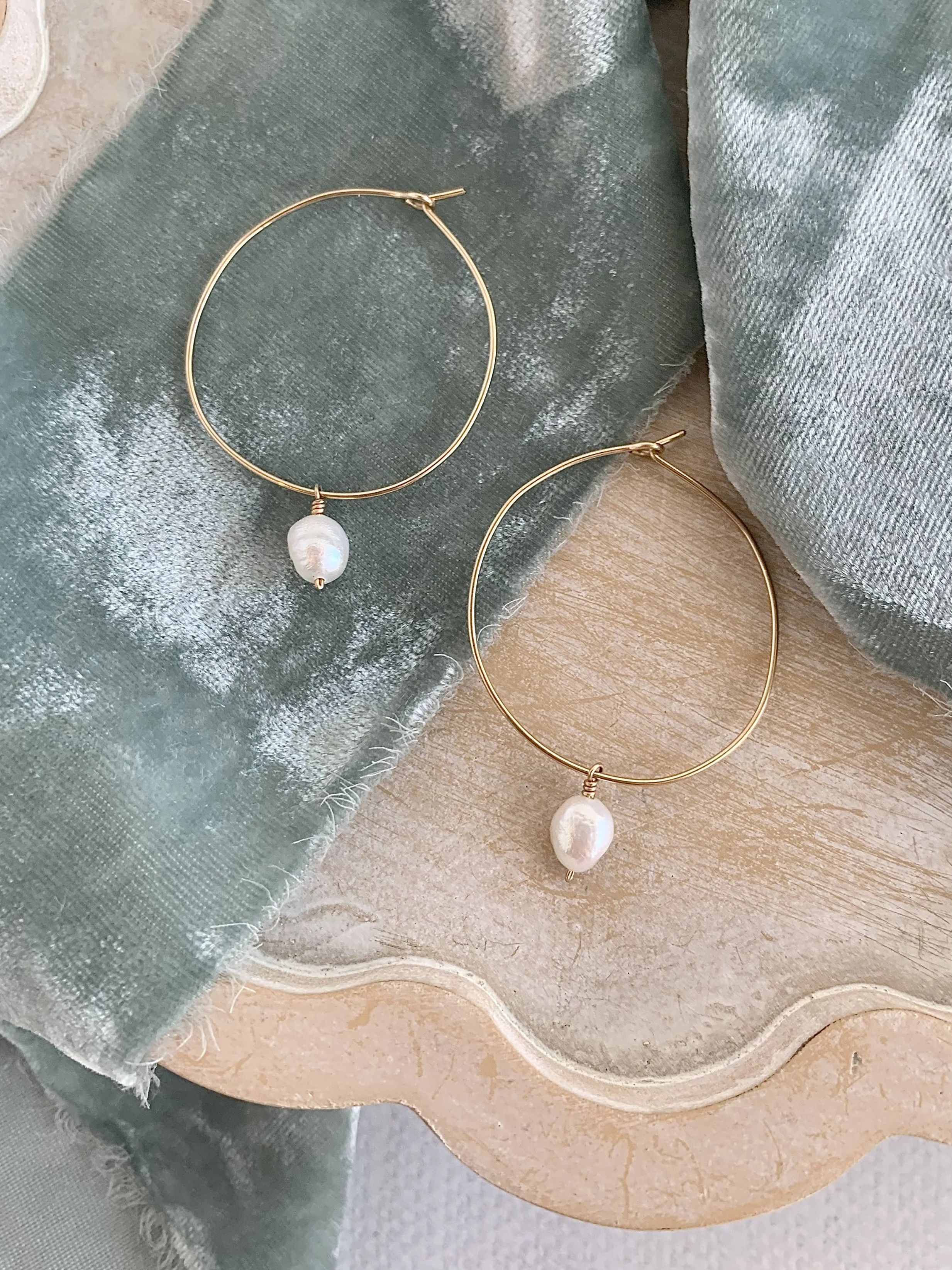 Thin Pearl Drop 14k Yellow Gold Hoop Earrings