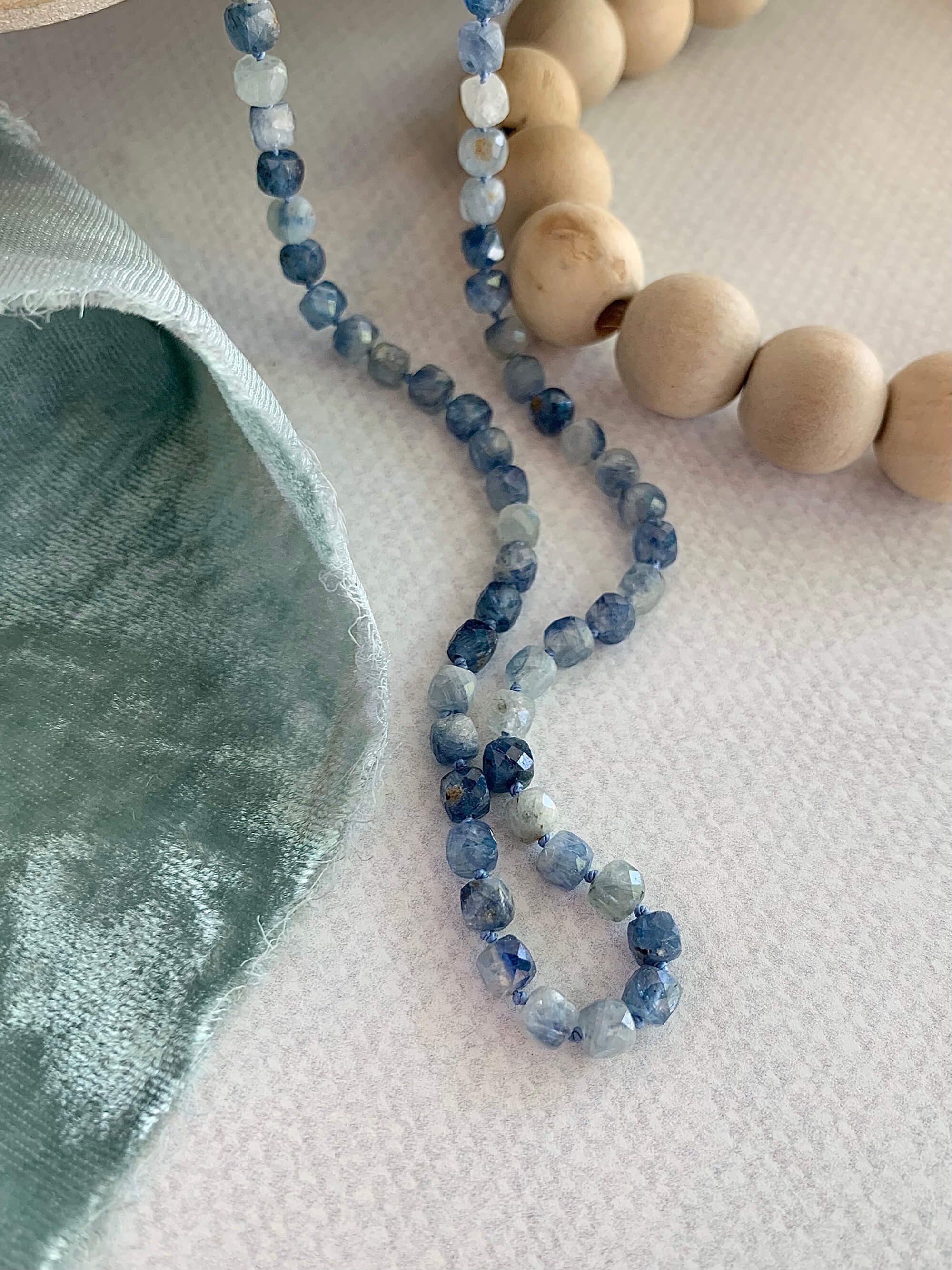 Hand-Knotted Cloudy Sky Kyanite Silver Strand