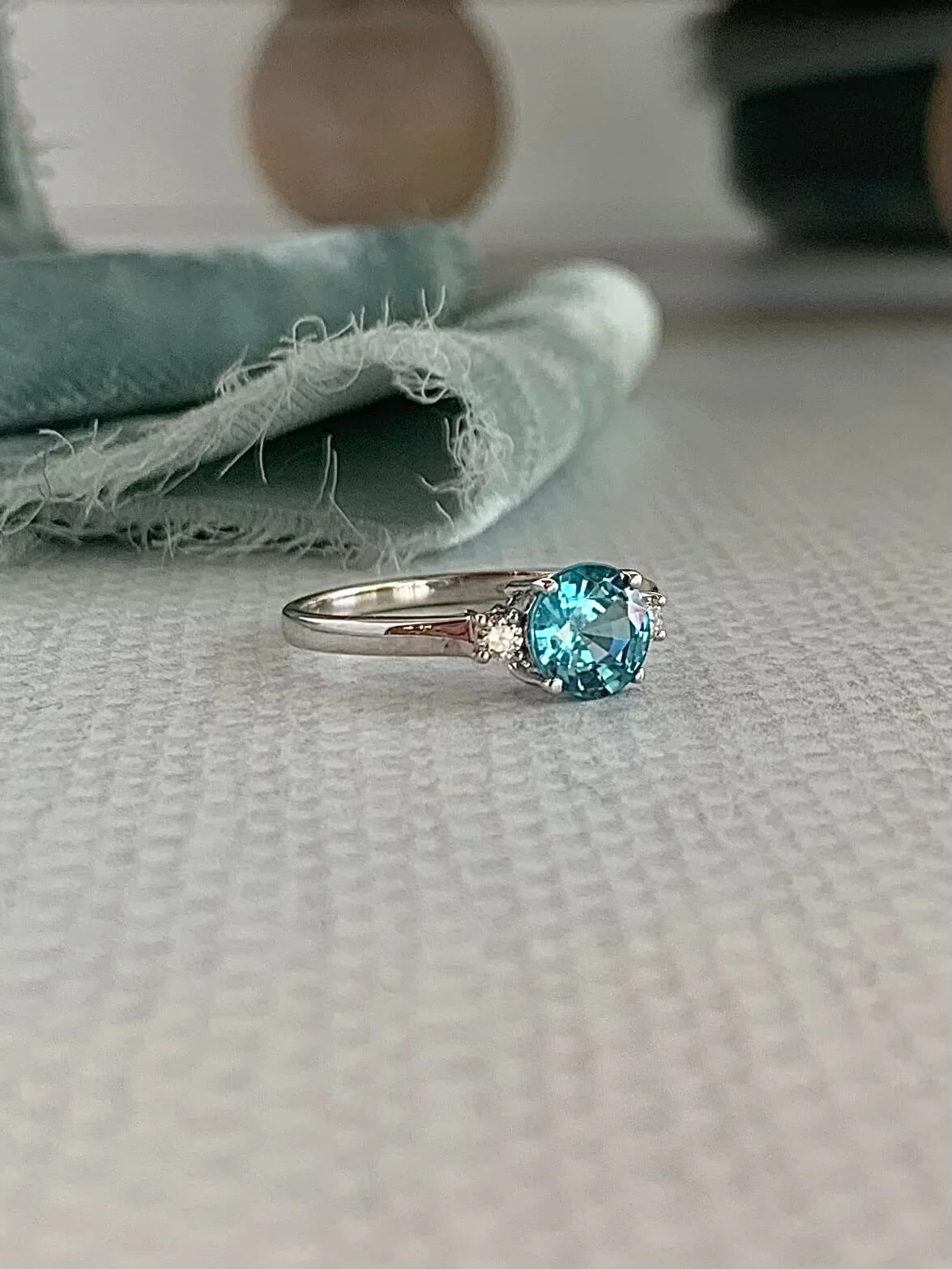 Blue Green Zircon & Diamond 14k White Gold Ring