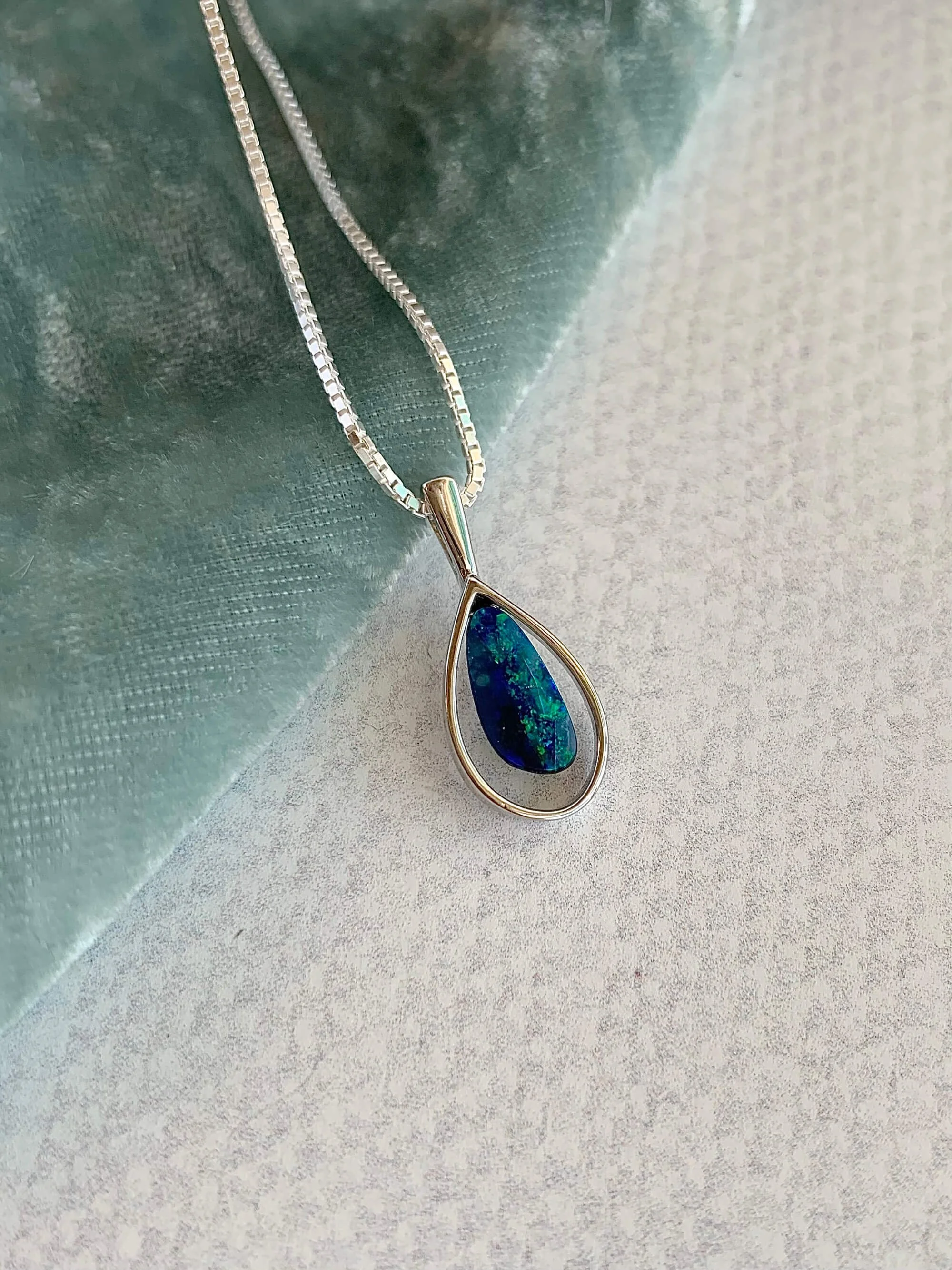 Natural Deep Blue Opal Silver Necklace