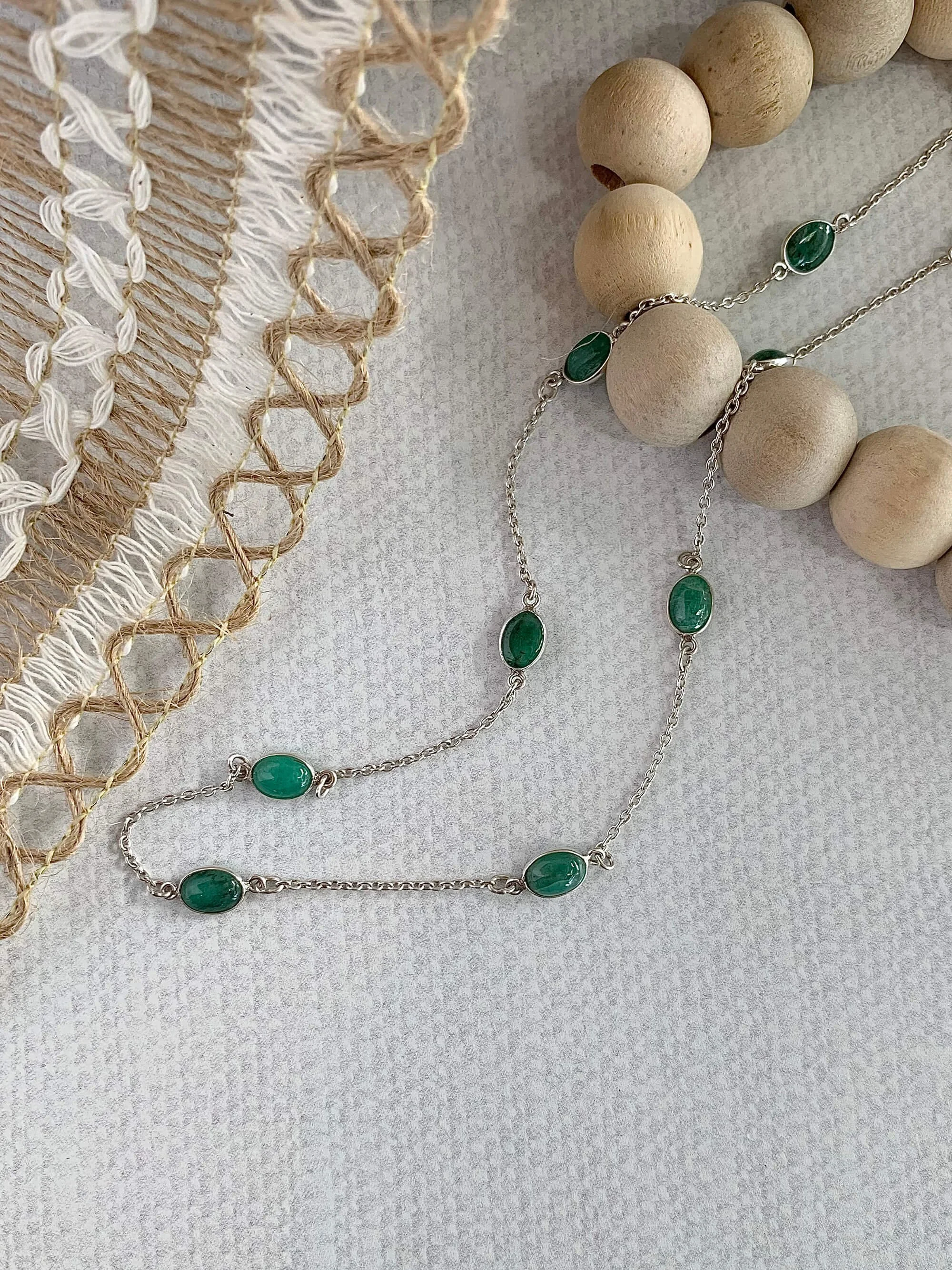 Green Emerald Stations Silver Necklace