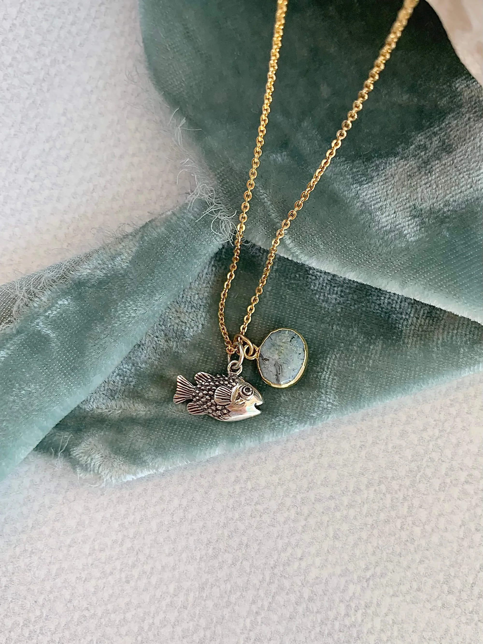 Petite Puffer Fish Chalecdony Mixed Metal Necklace