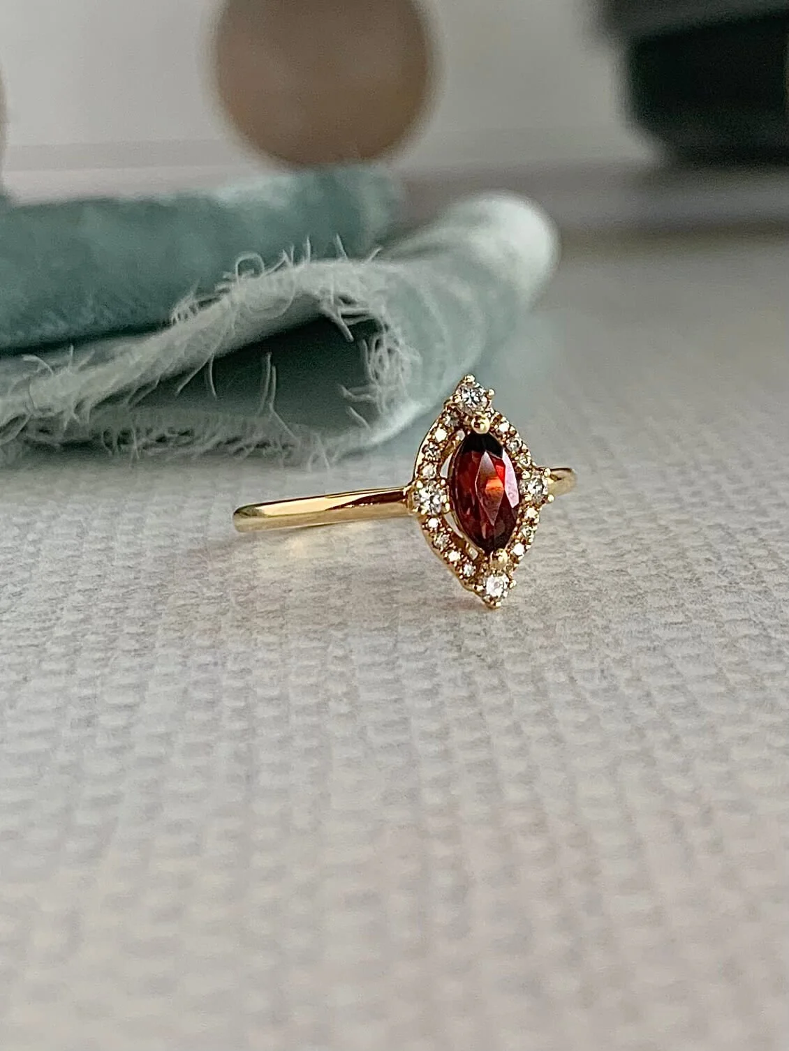 Marquise Garnet & Diamond 18k Yellow Gold Ring