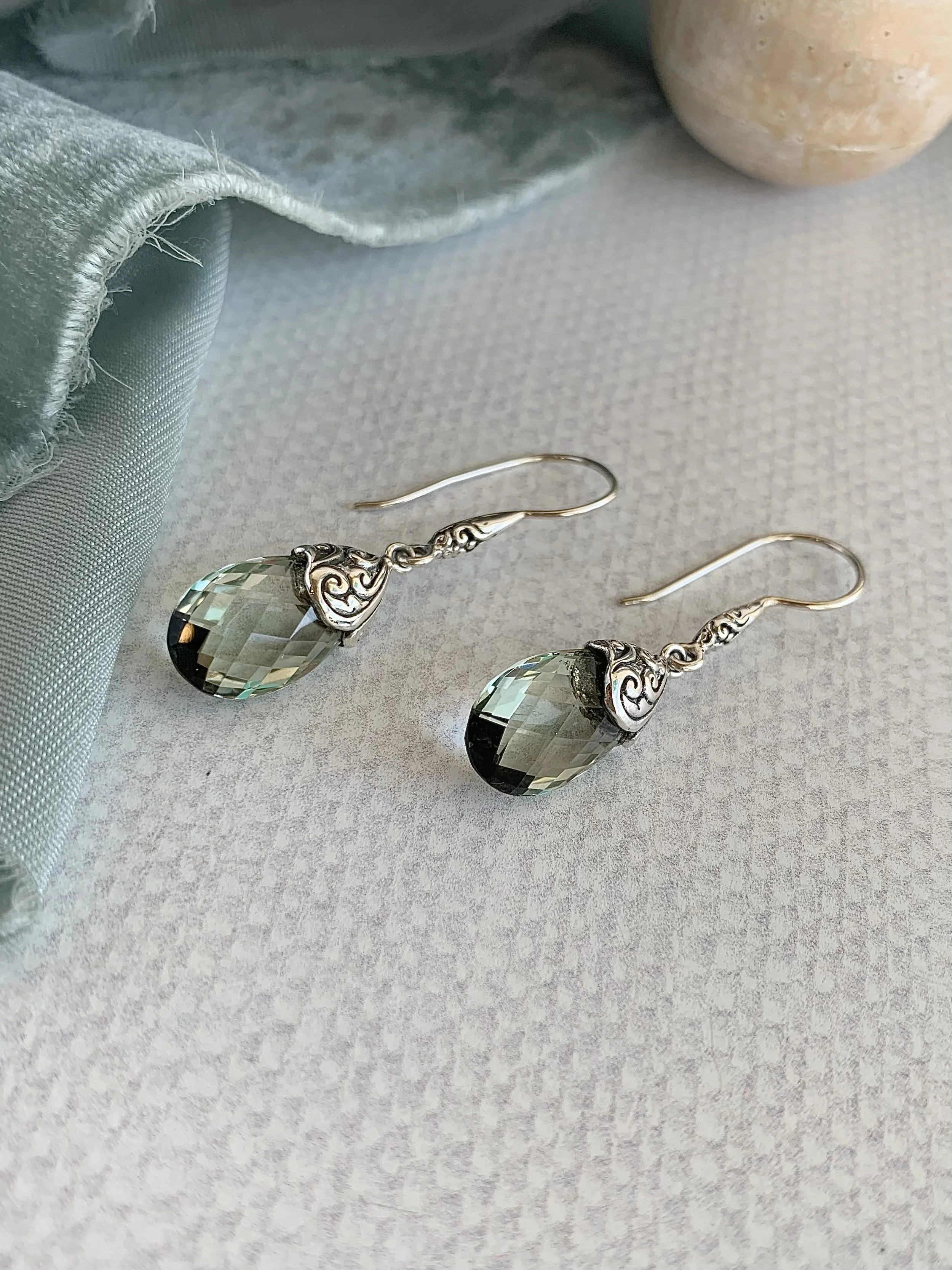 Green Amethyst Droplet Silver Earrings