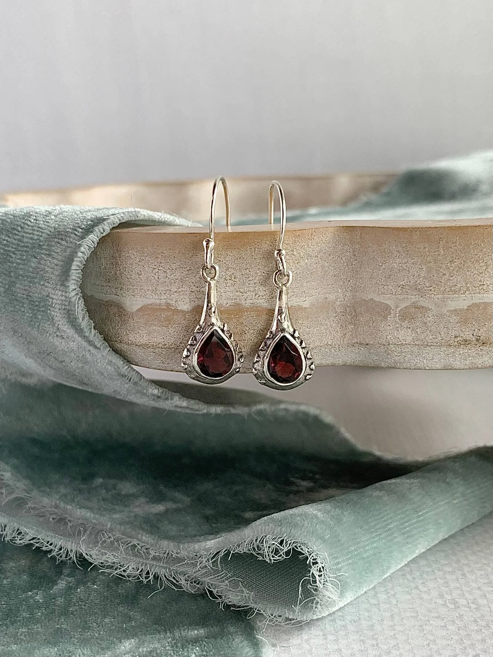 Pear Cut Garnet Silver Drop Earrings