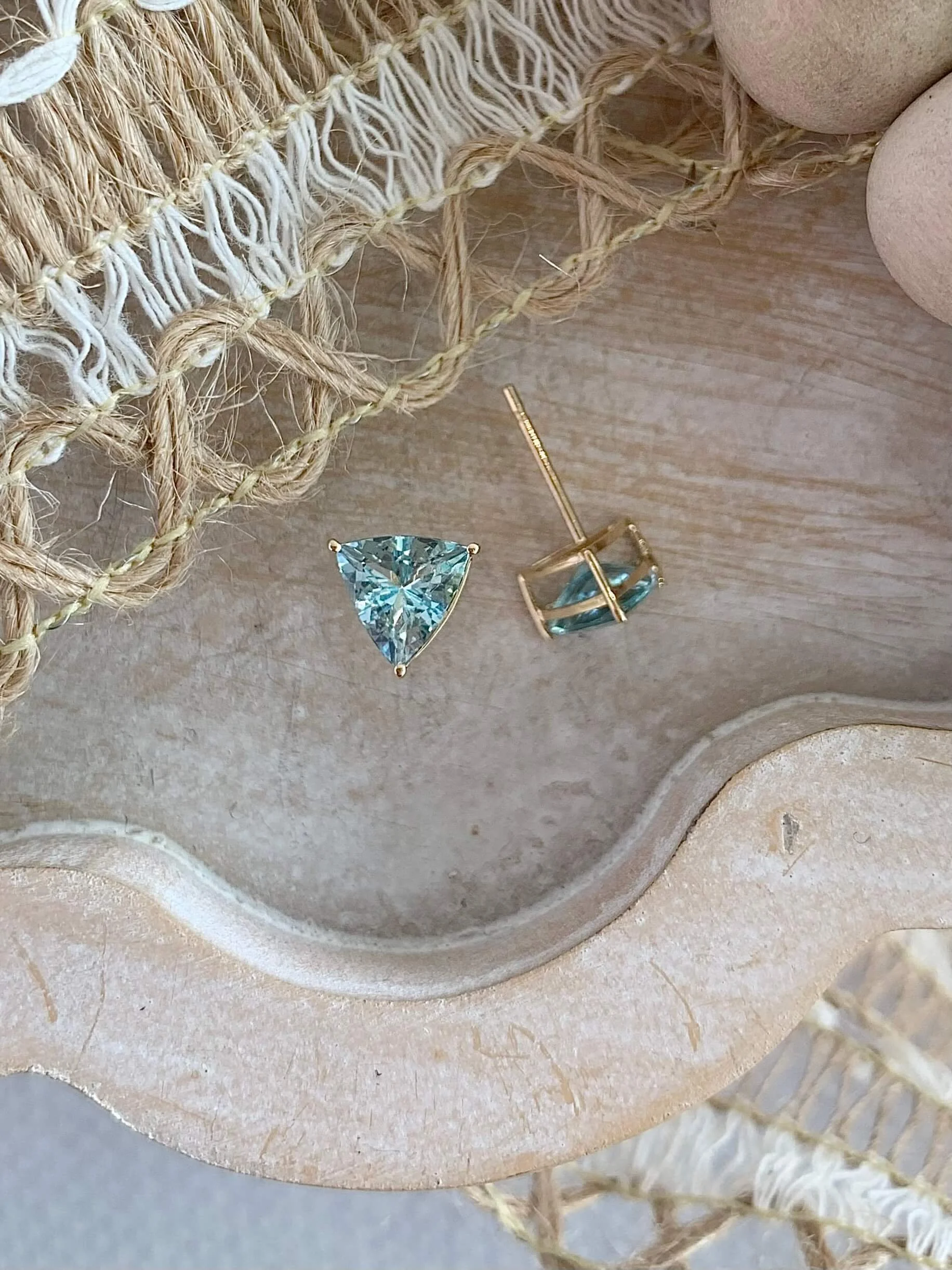 Trillion Aquamarine 14k Yellow Gold Stud Earrings