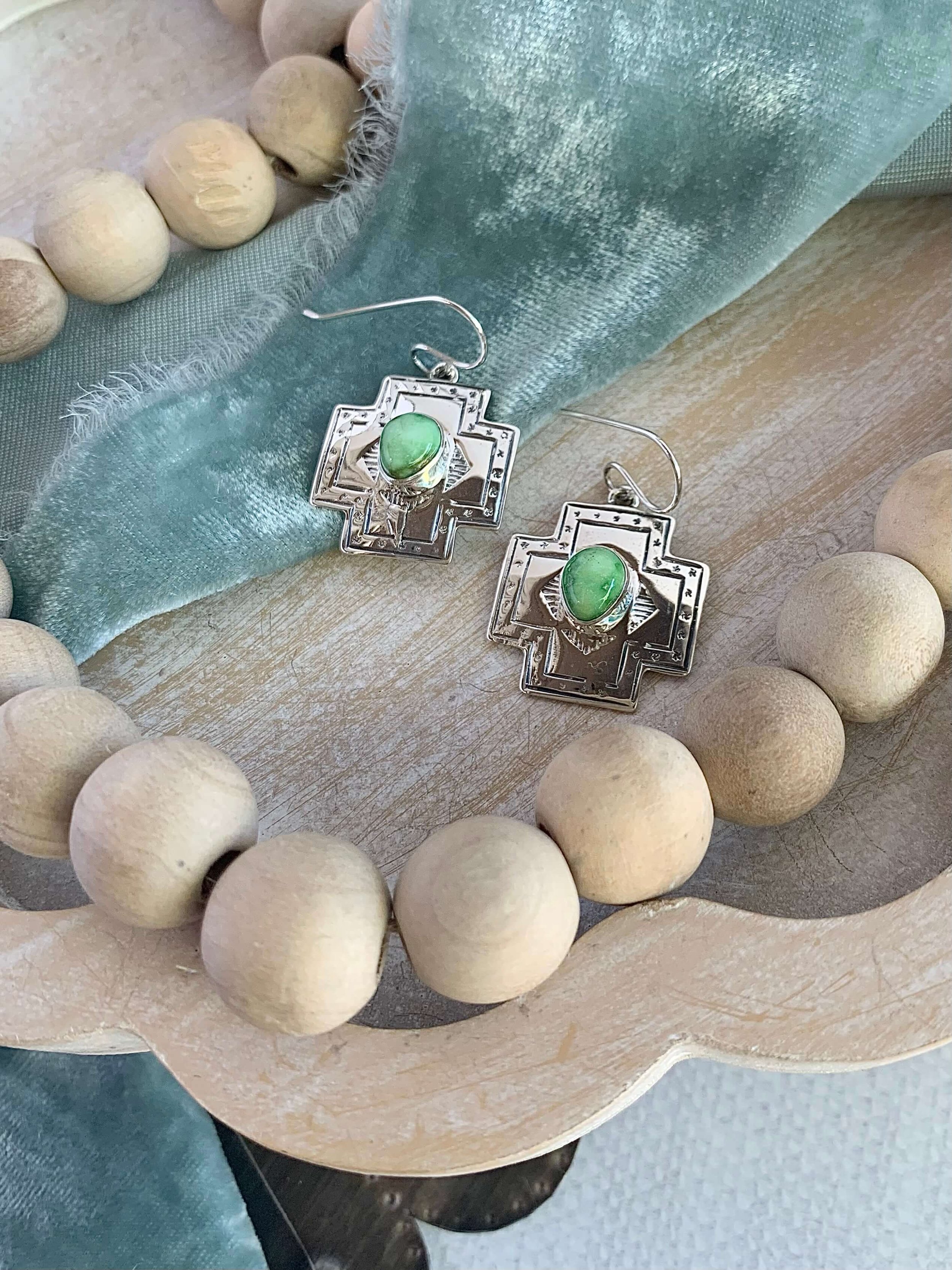 Native Made Green Turquoise Silver Cross Earrings