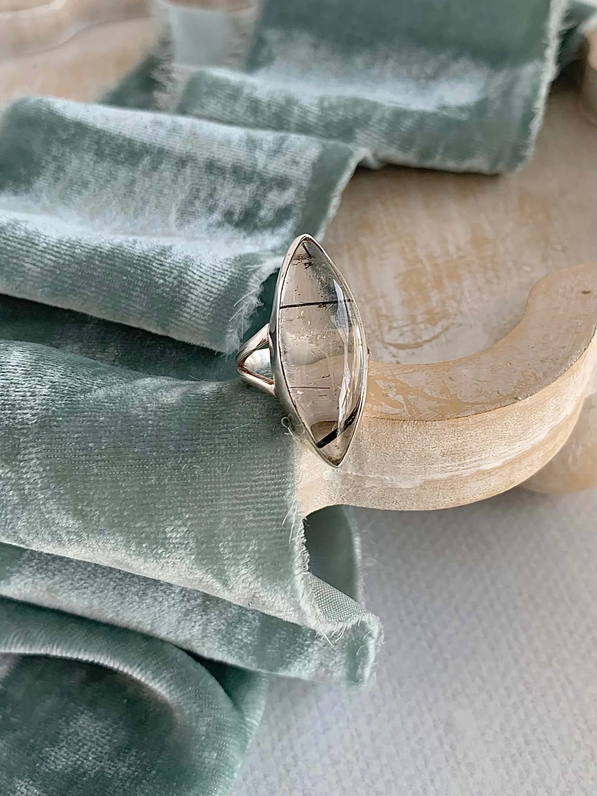 Shielding Black Rutile Quartz Silver Ring