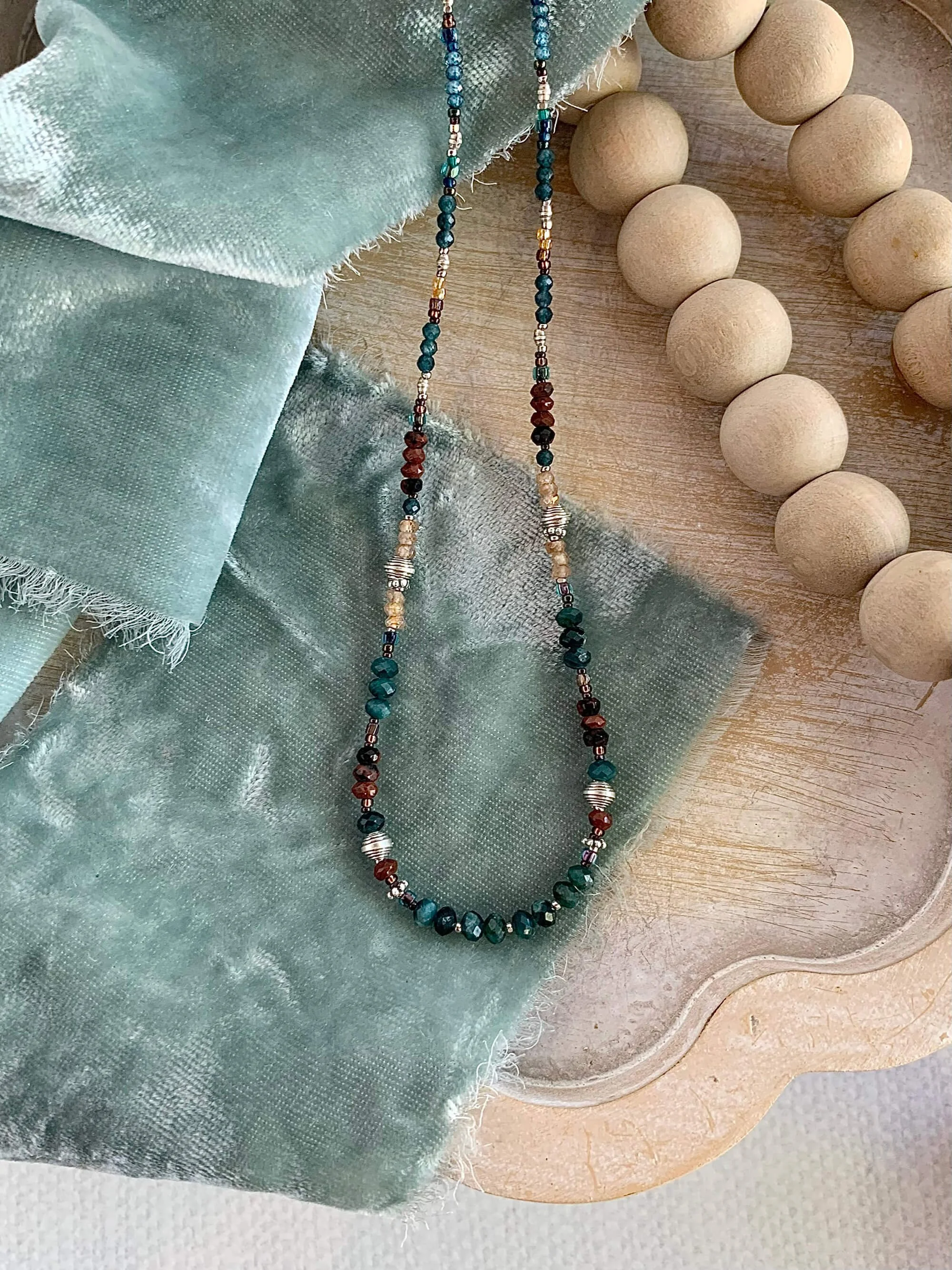 Grandederite, Mahogany Obsidian, Zircon Silver Beaded Necklace
