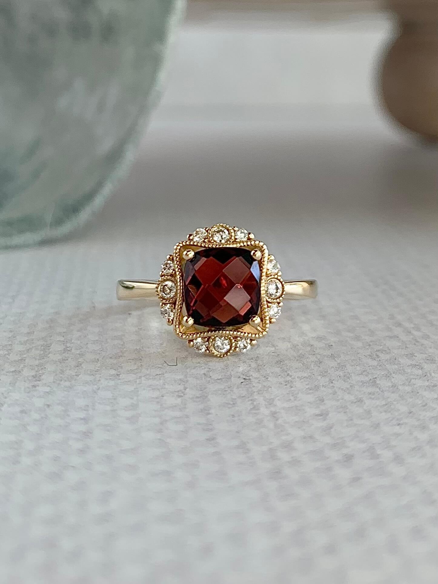 Crimson Garnet Diamond 14k Yellow Gold Ring