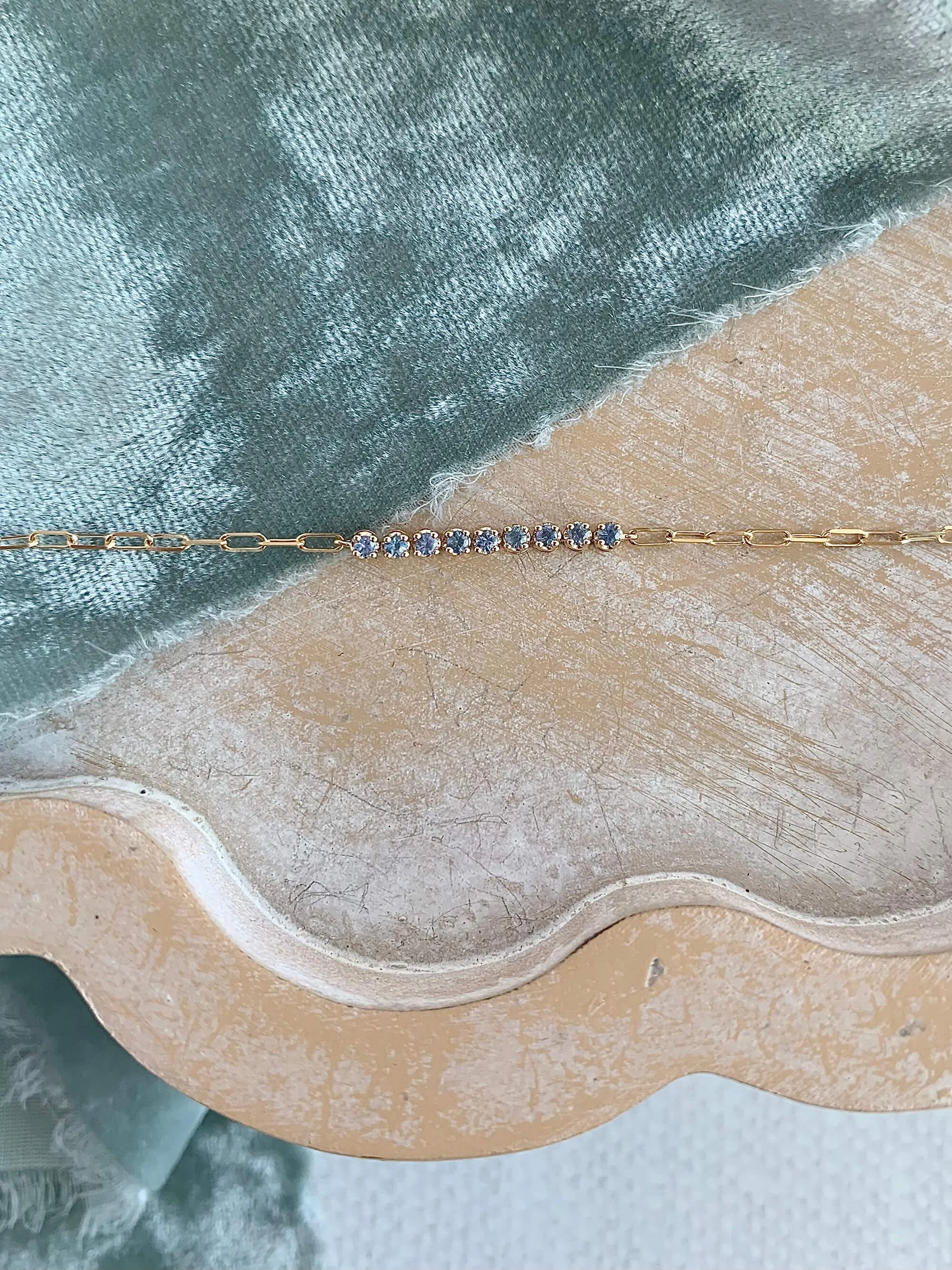 Dainty Blue Sapphire 14k Yellow Gold Paperclip Bracelet