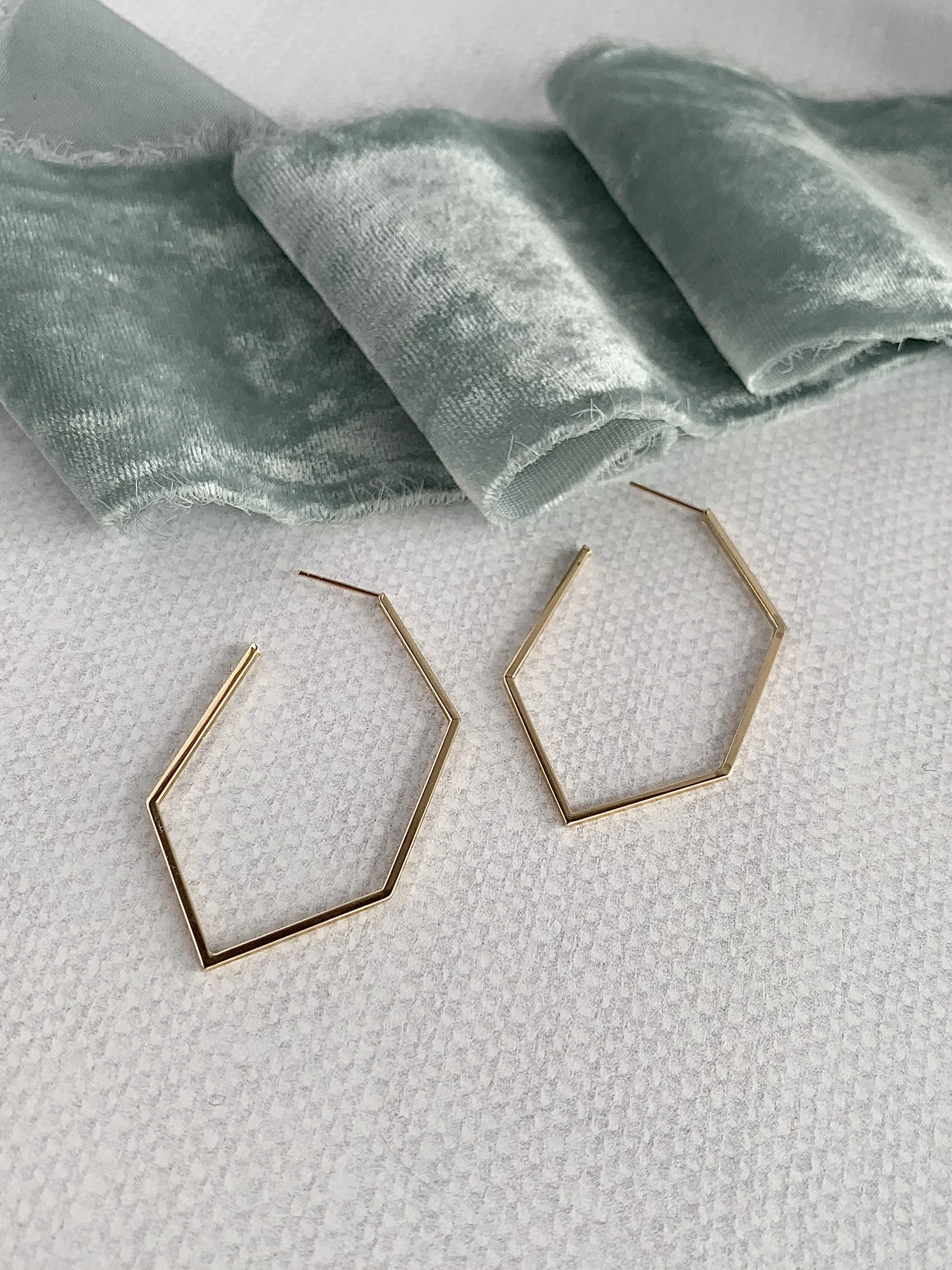 Elongated Hexagon 14k Yellow Gold Post Hoops