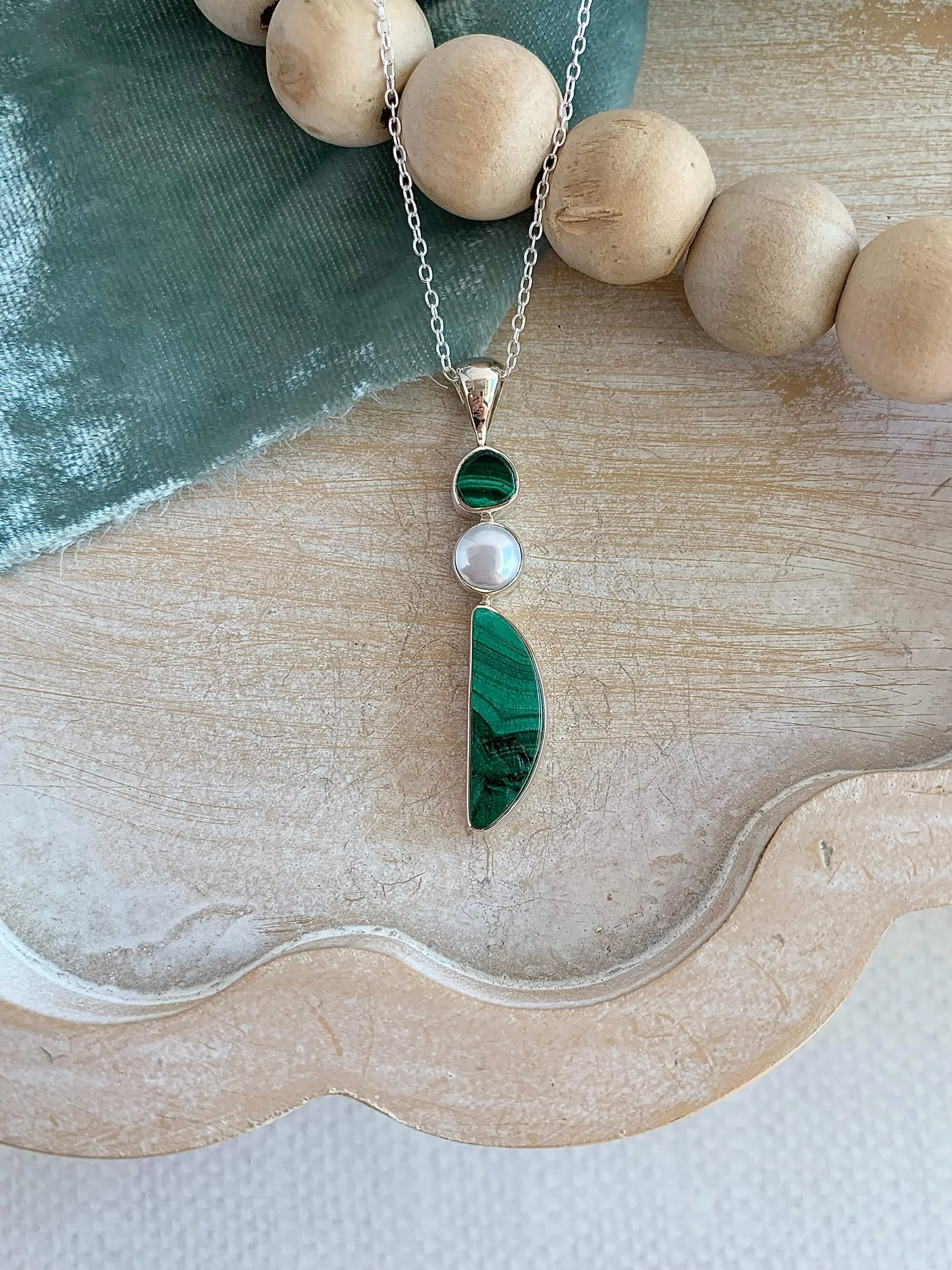 Malachite & Pearl Stacked Silver Necklace