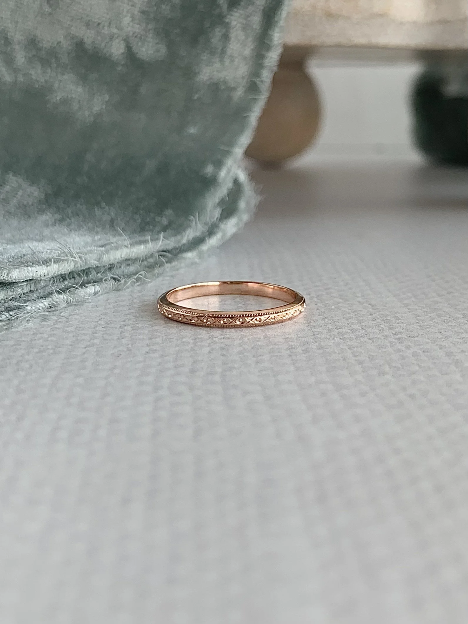 Etched Milgrain 14k Rose Gold Wedding Band