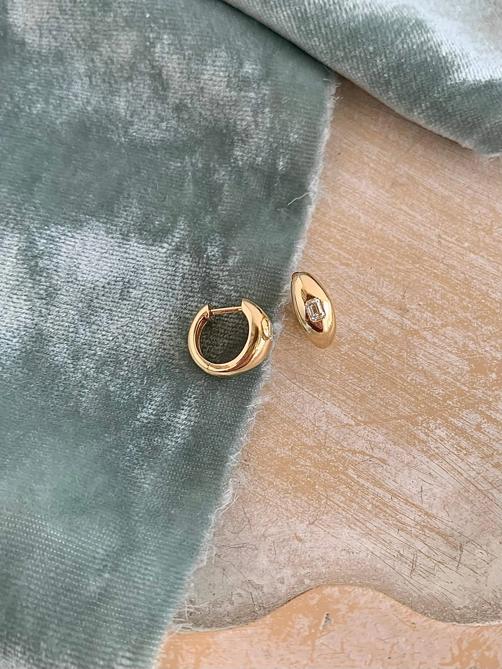 Pillowed Diamond 14k Yellow Gold Tapered Huggie Earrings
