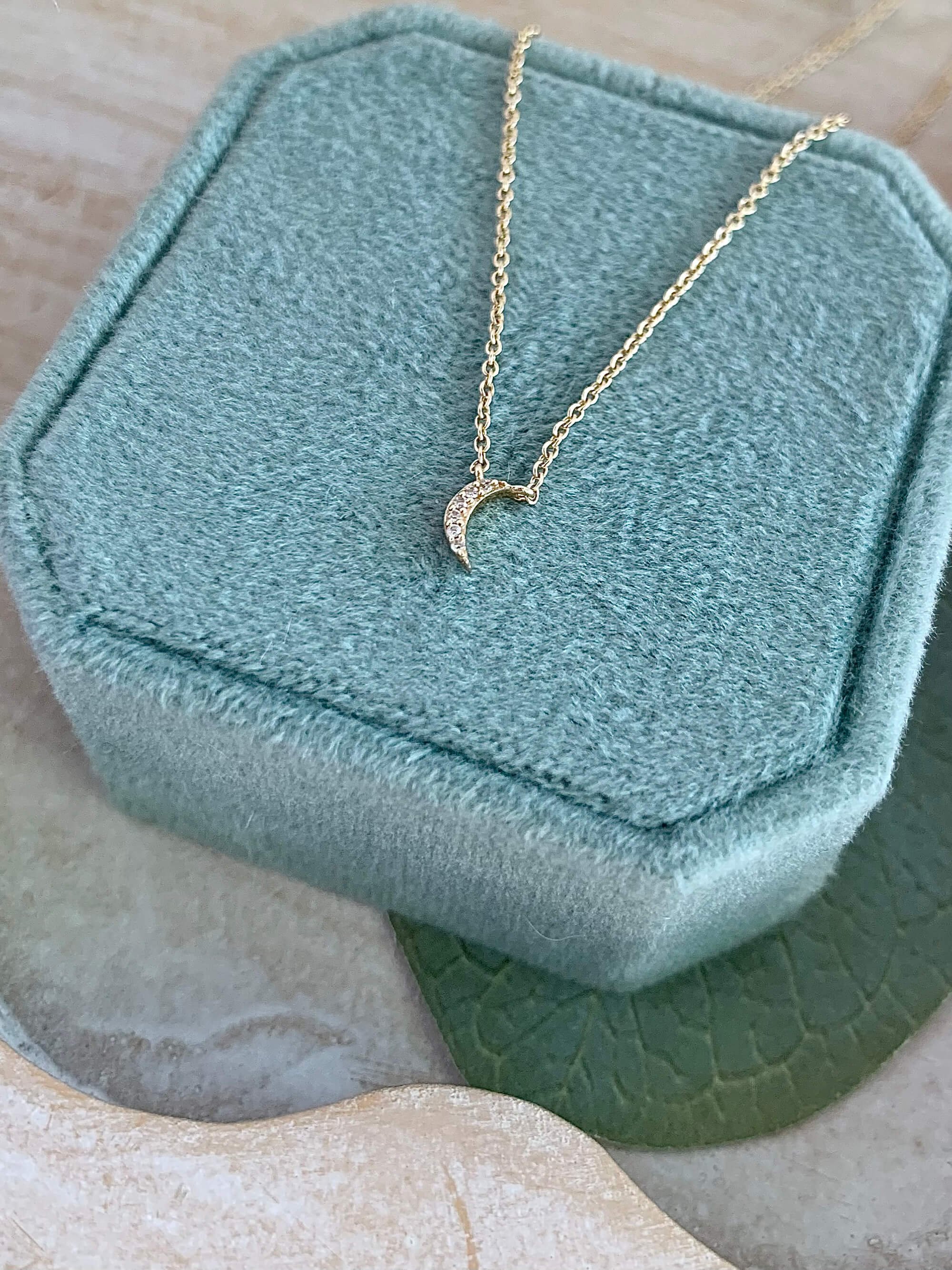Petite Pave Diamond Crescent Moon 14k Yellow Gold Necklace