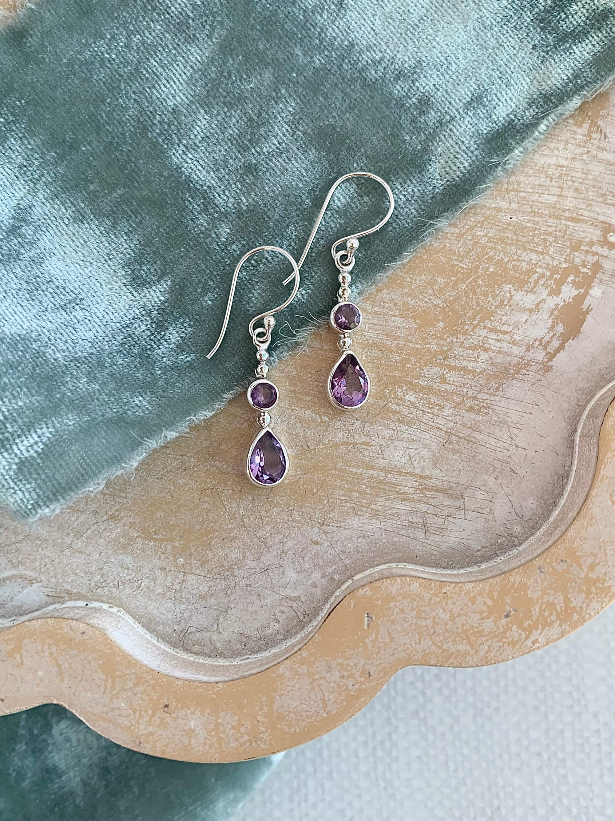 Double Amethyst Silver Earrings