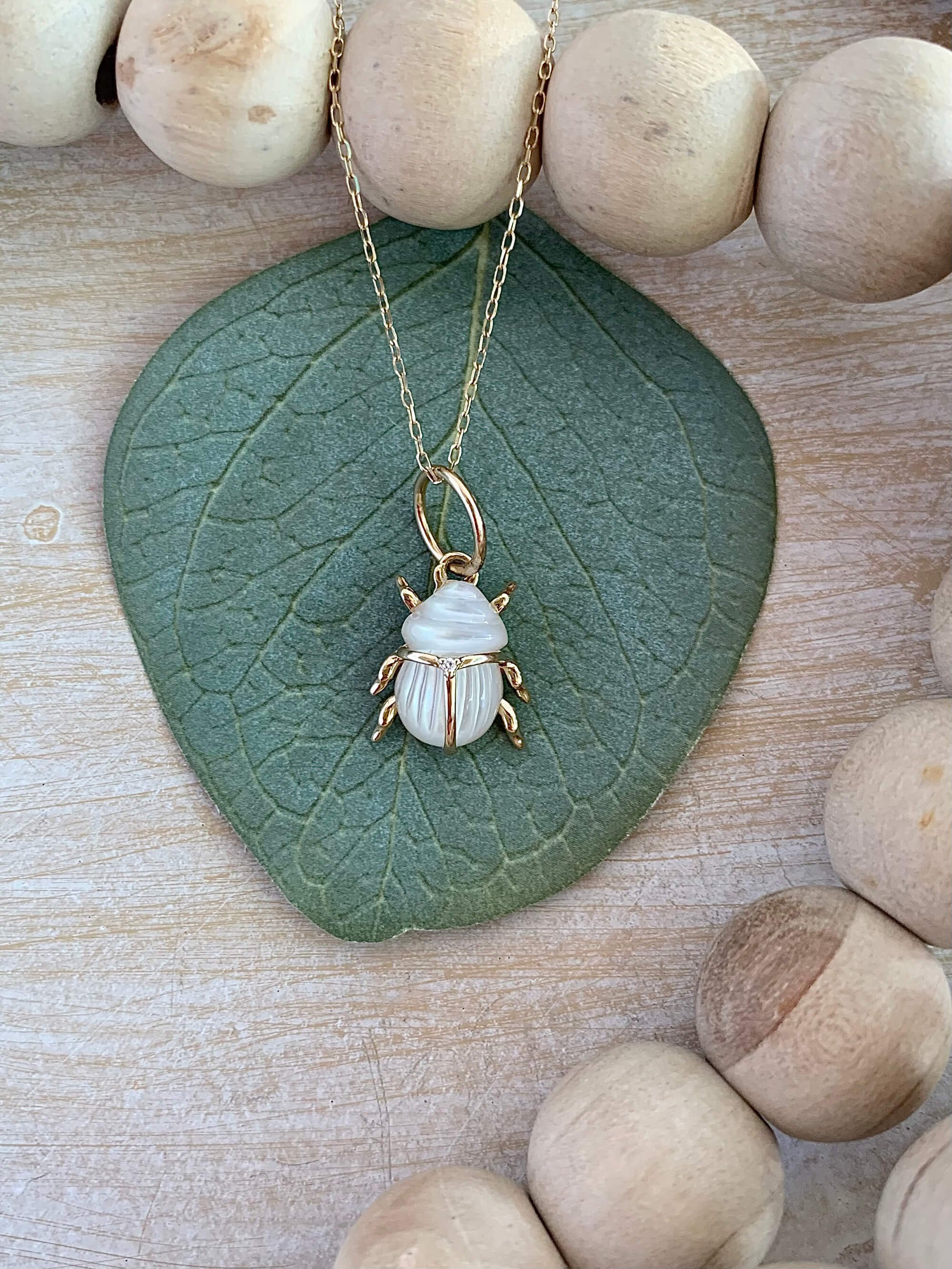 Mother of Pearl Scarab 14k Yellow Gold Necklace