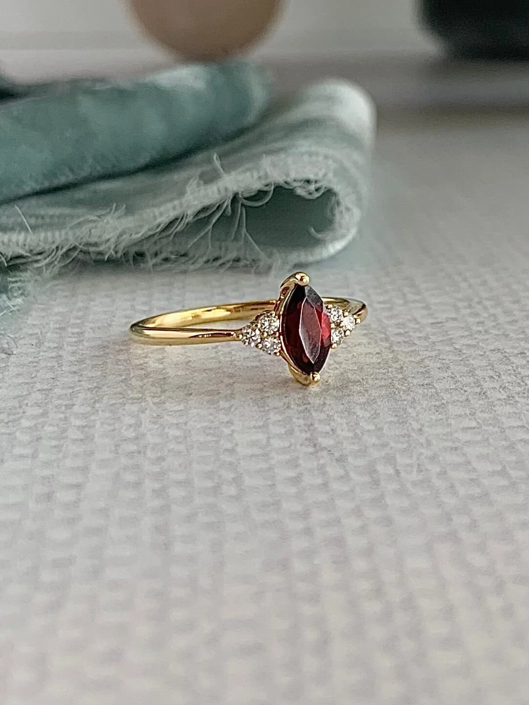 Marquise Garnet & Diamond 18k Yellow Gold Ring