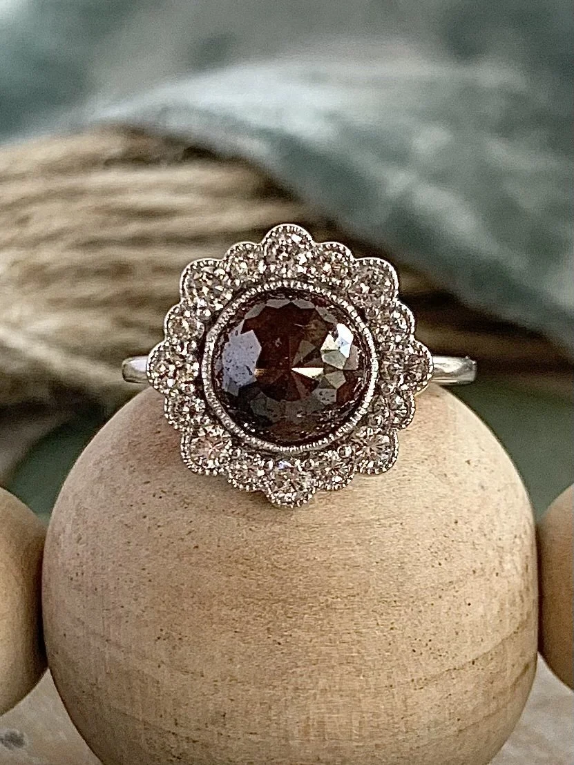 Azalea 1.9 ct Rosy Rustic Brown Diamond with Flower Diamond Halo 14k White Gold Engagement Ring
