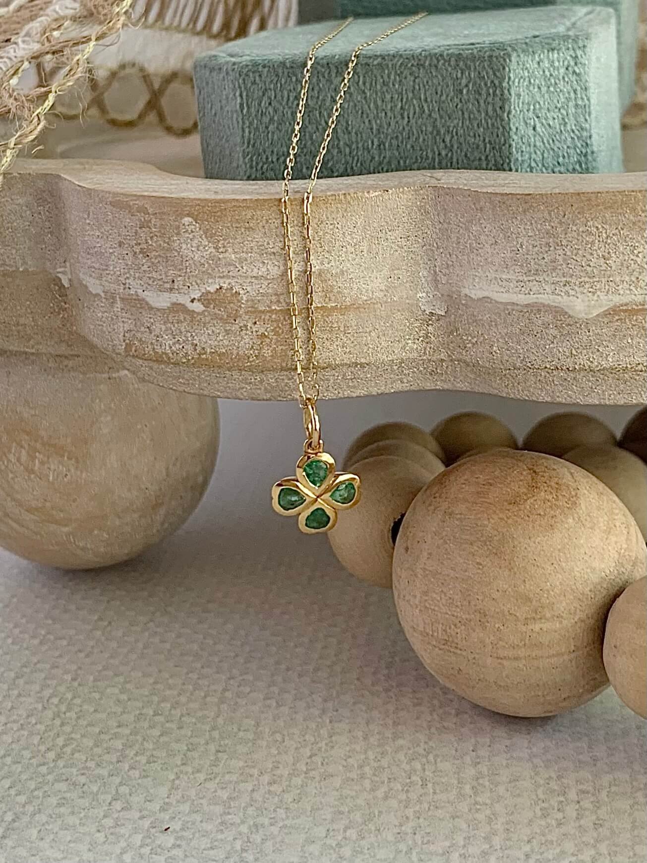 4 Leaf Clover Emerald 14k Yellow Gold Necklace