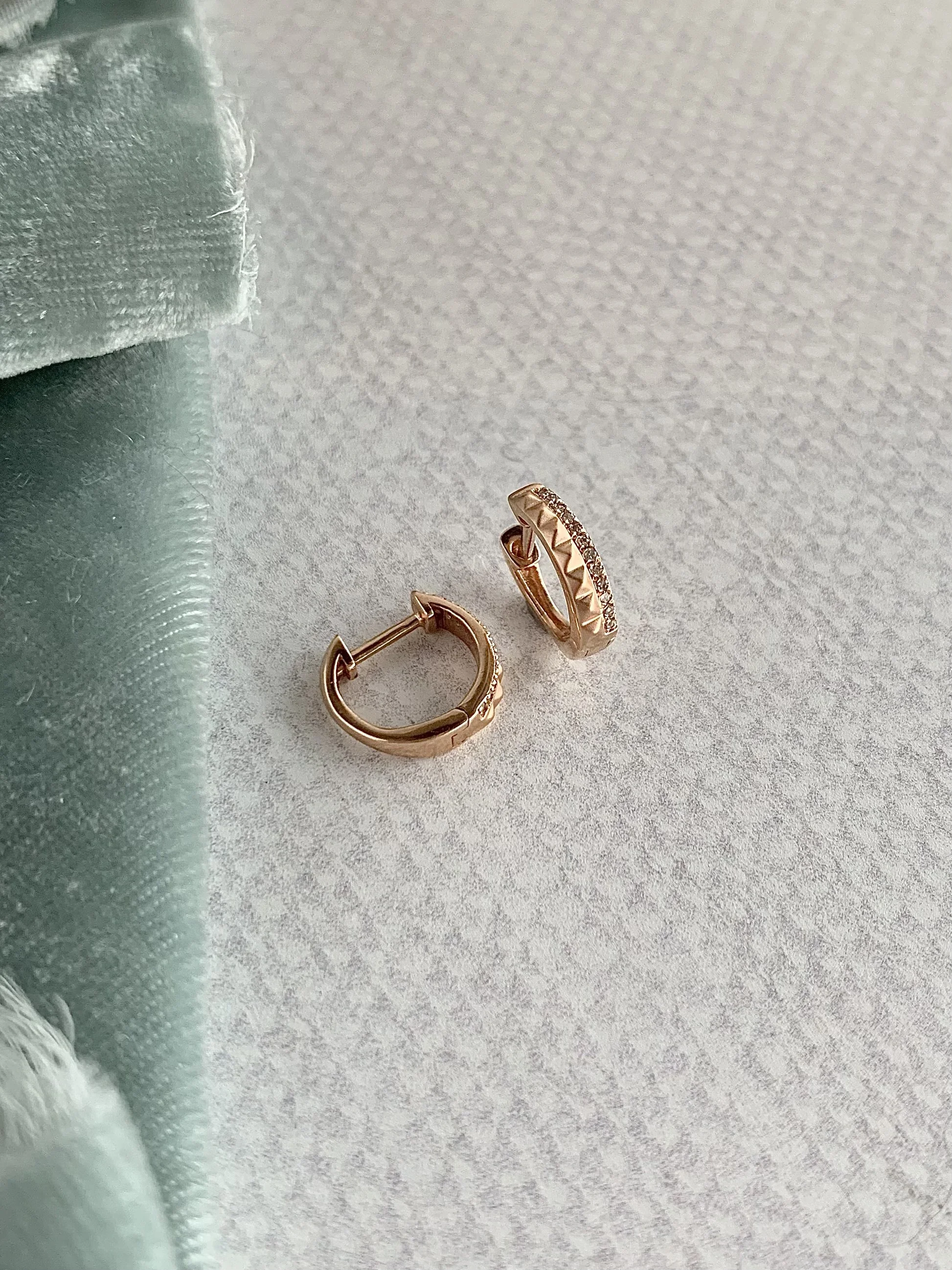 Brushed Studded Diamond 14k Rose Gold Huggies